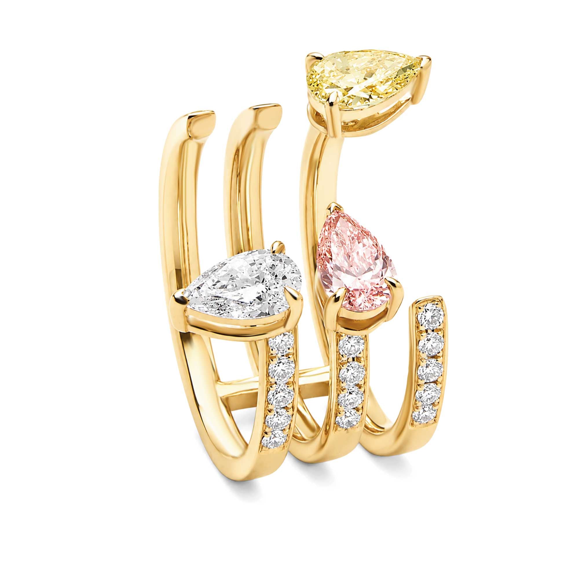 Lab Grown Pear Fancy Yellow Pink White Diamond Triple Row Open Cuff Ring 18K Yellow Gold Multi Gemstone Statement Ring