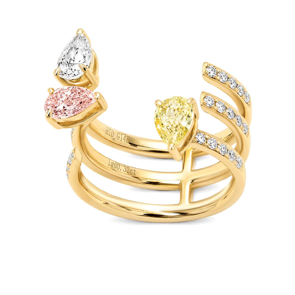 Lab Grown Pear Fancy Yellow Pink White Diamond Triple Row Open Cuff Ring 18K Yellow Gold Multi Gemstone Statement Ring
