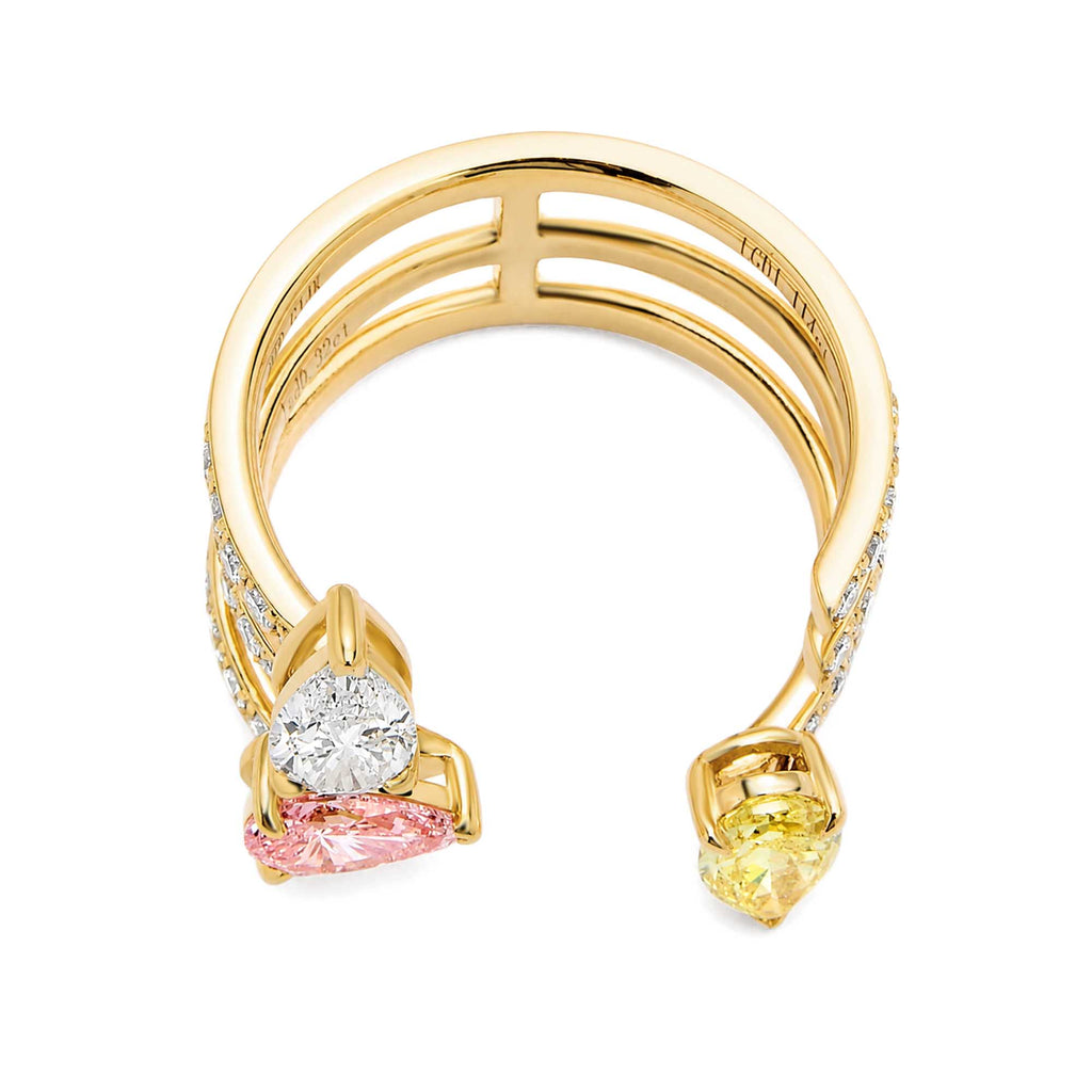 Lab Grown Pear Fancy Yellow Pink White Diamond Triple Row Open Cuff Ring 18K Yellow Gold Multi Gemstone Statement Ring