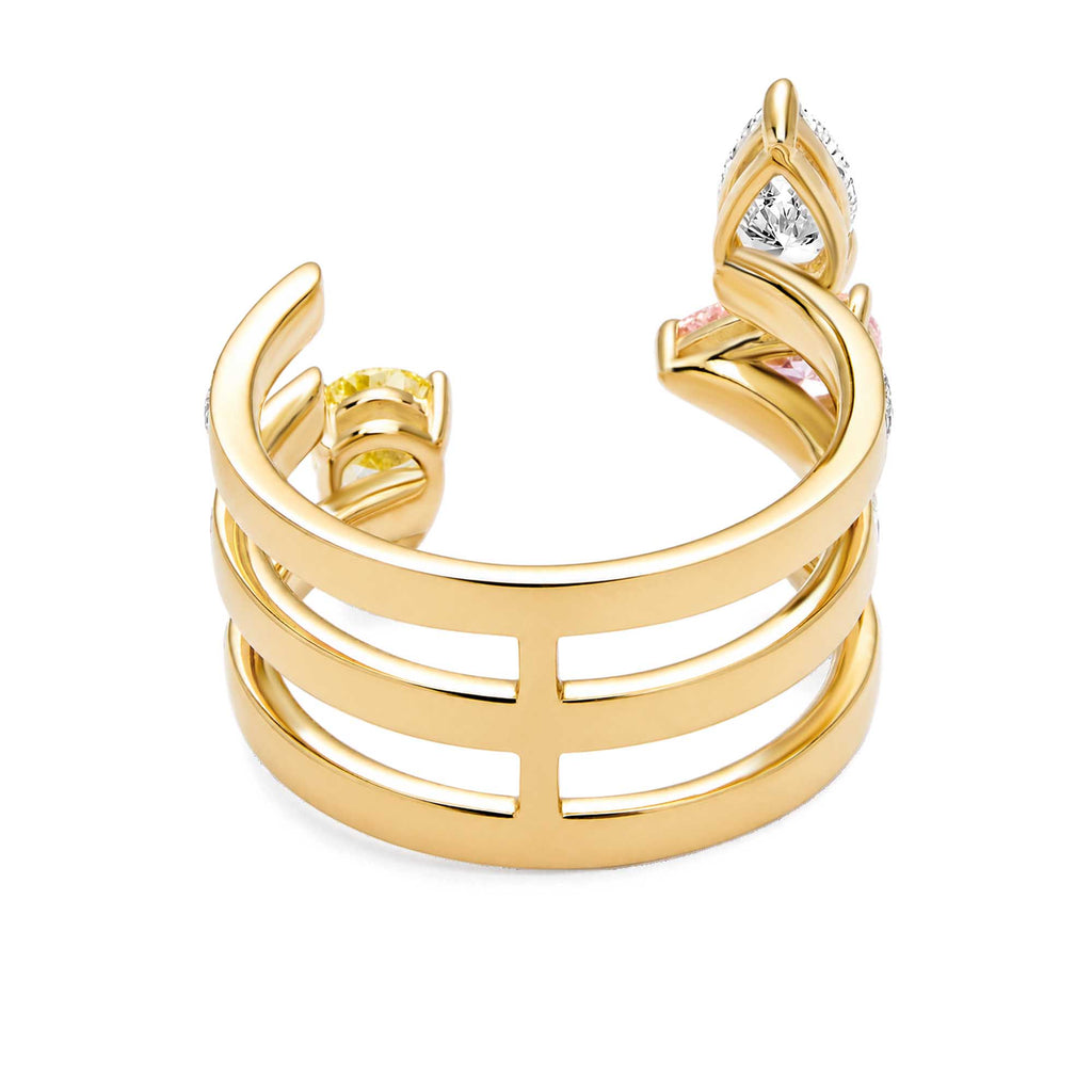 Lab Grown Pear Fancy Yellow Pink White Diamond Triple Row Open Cuff Ring 18K Yellow Gold Multi Gemstone Statement Ring