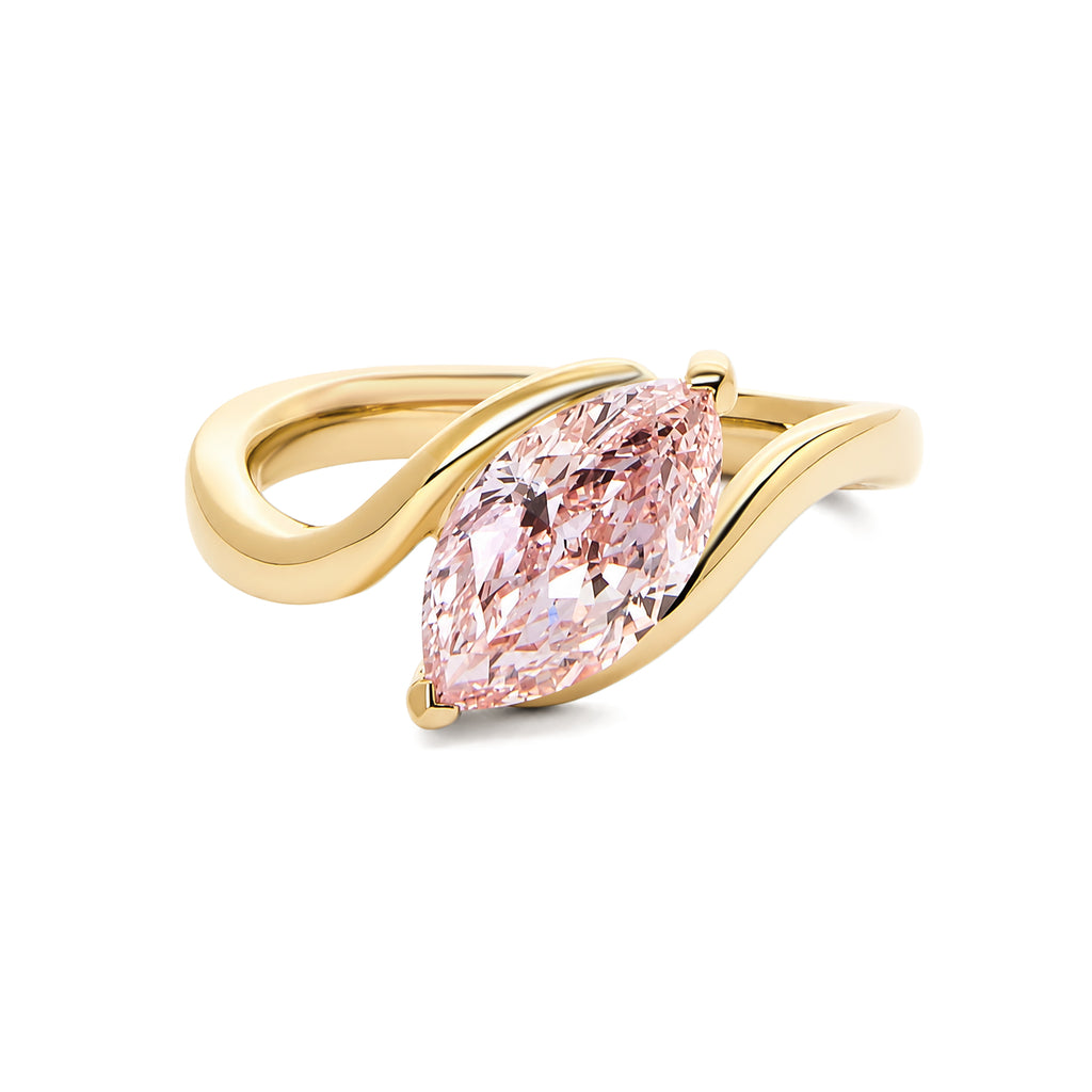 14K Yellow Gold Twist Band Marquise Pink Lab Diamond Solitaire Ring