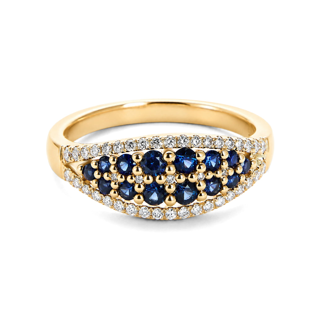 Pavé Sapphire & Lab Grown Diamond Curved Wide Band Ring, Solid 14K Yellow Gold