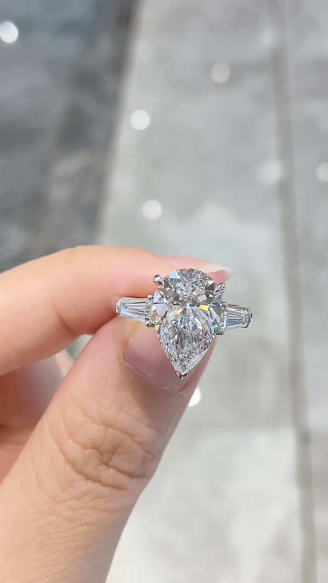 Pear Cut Diamond Three-Stone Ring with Baguette Side Stones | 10K/14K/18K Gold & Platinum | Fashion Daily Wear Jewelry for Wedding, Proposal & Gift