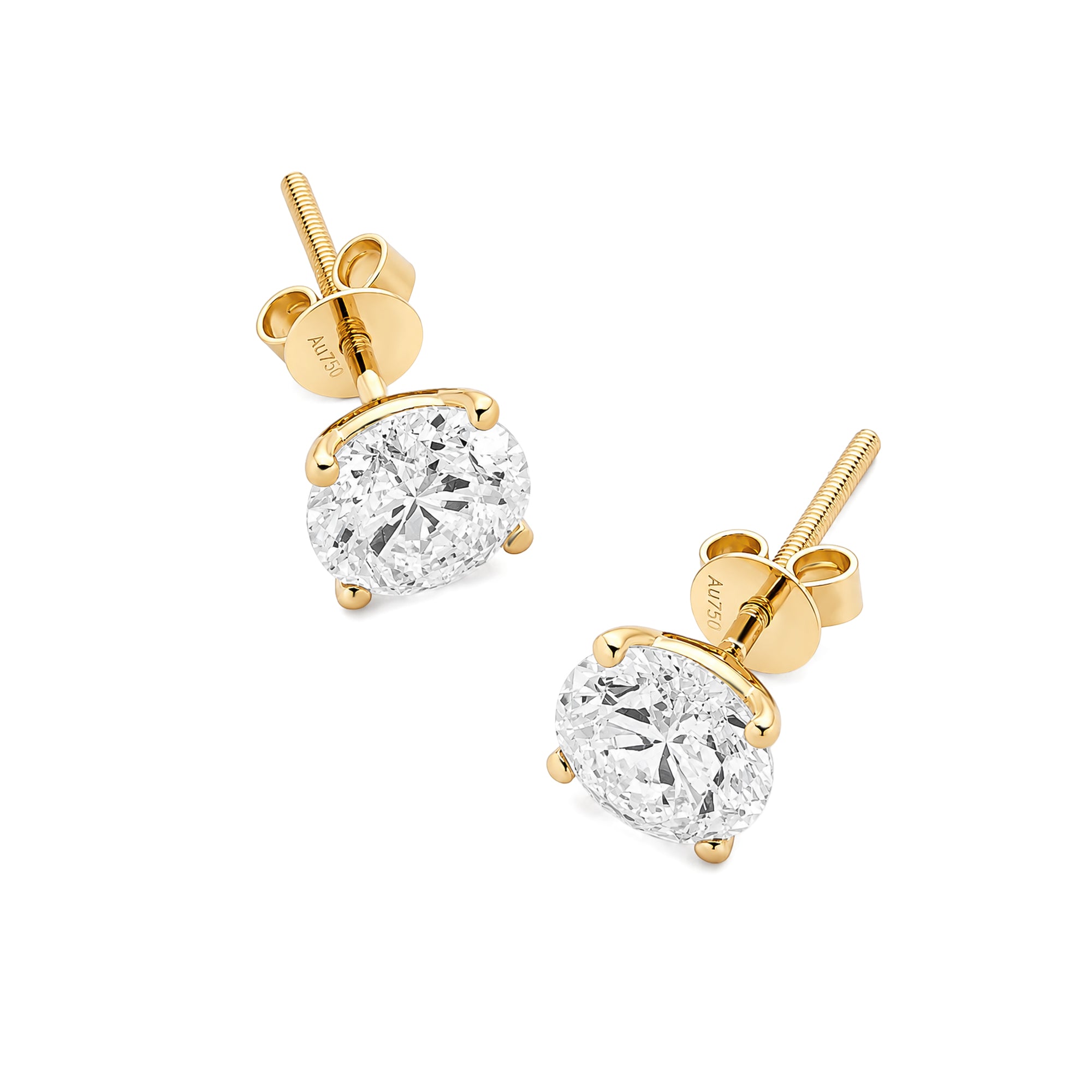 18K Yellow Gold Oval Lab Diamond 4-Prong Screw Back Stud Earrings Pair