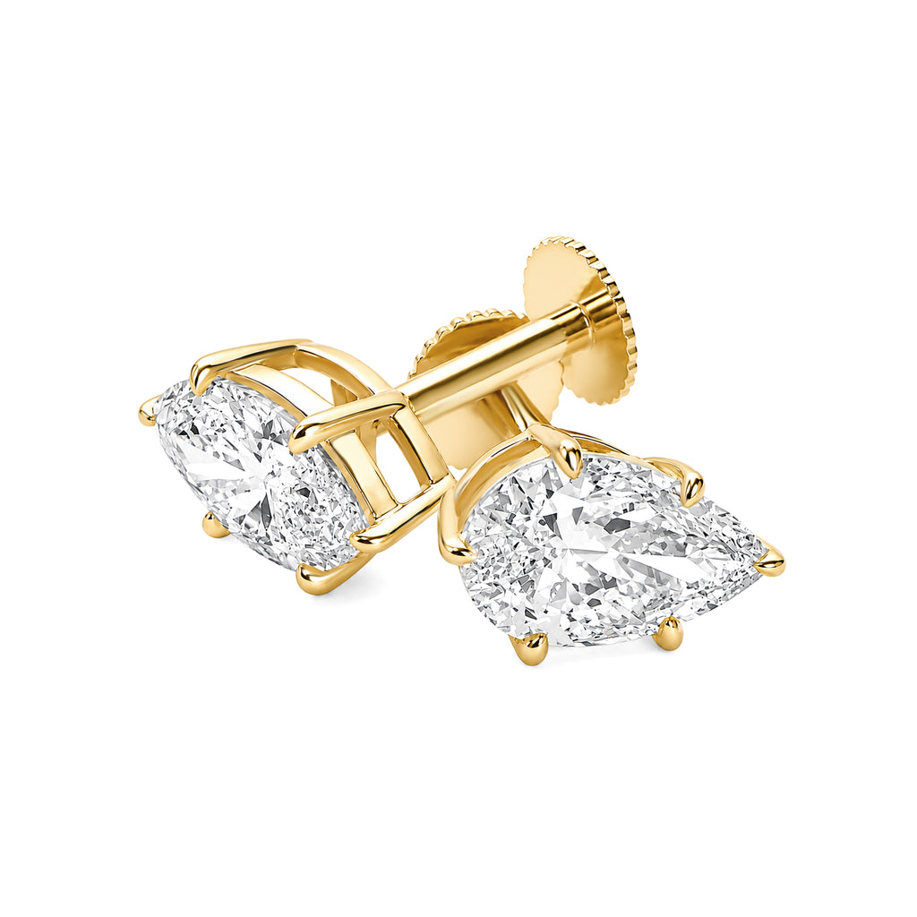 Pear Shaped Lab Grown Diamond 4 Prong Stud Earrings, 18K Yellow Gold Screw Back Earrings