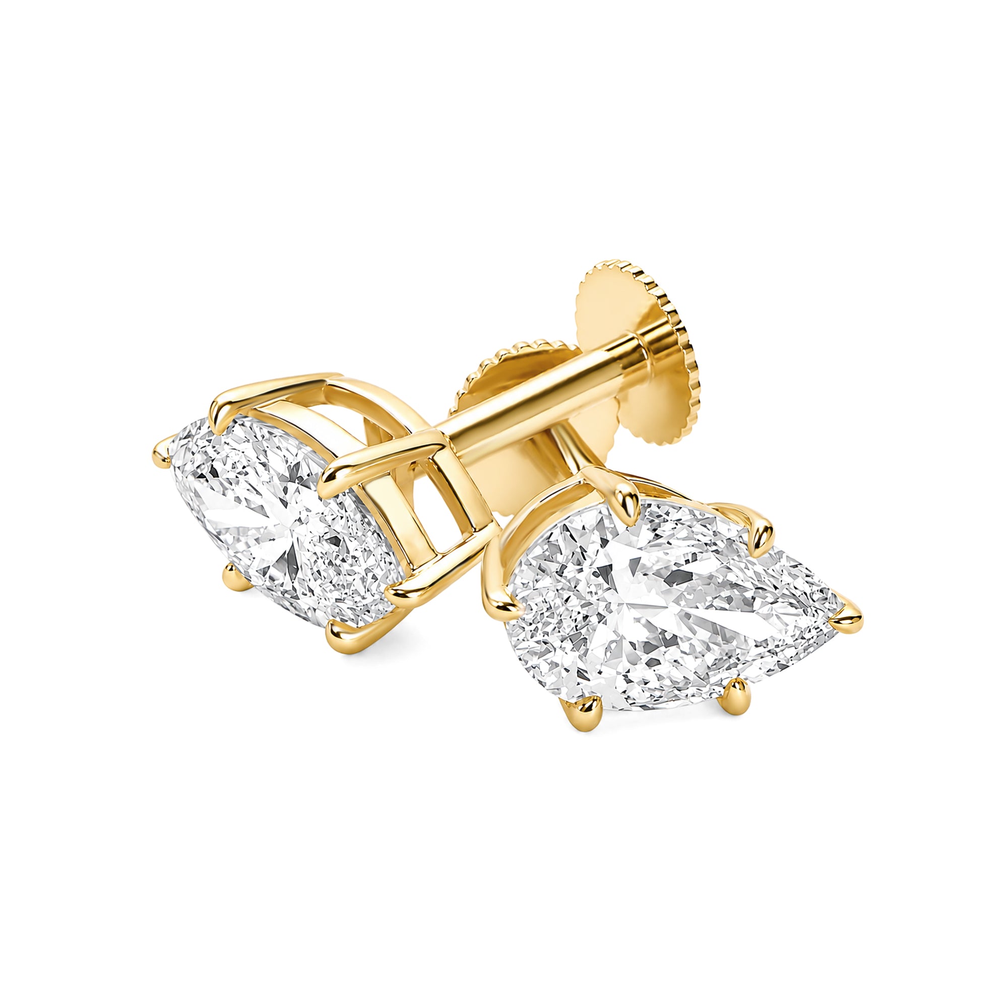 Pear Shaped Lab Grown Diamond 4 Prong Stud Earrings, 18K Yellow Gold Screw Back Earrings
