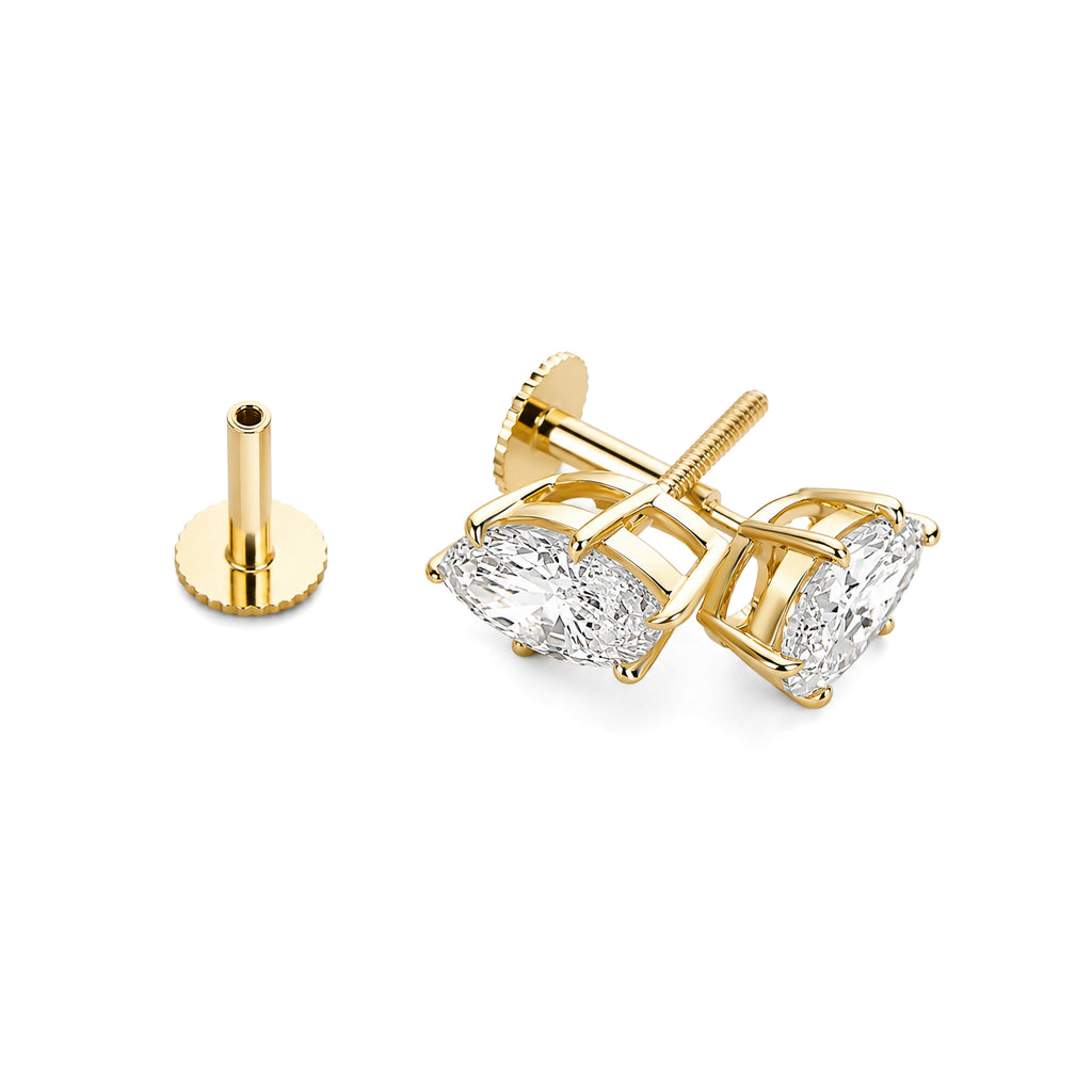 Pear Shaped Lab Grown Diamond 4 Prong Stud Earrings, 18K Yellow Gold Screw Back Earrings