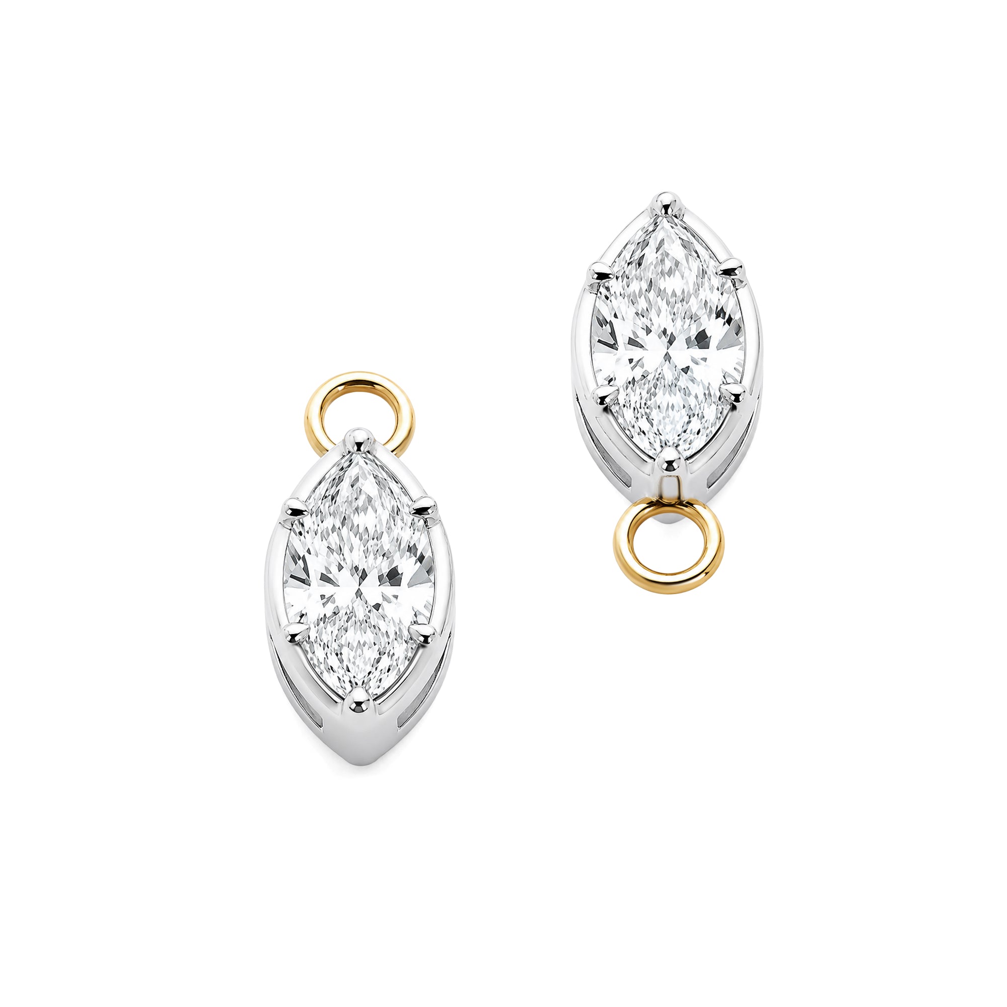 Marquise Cut Lab Grown Diamond 8-Prong Earring Charms, White Gold Setting with Yellow Gold Jump Ring