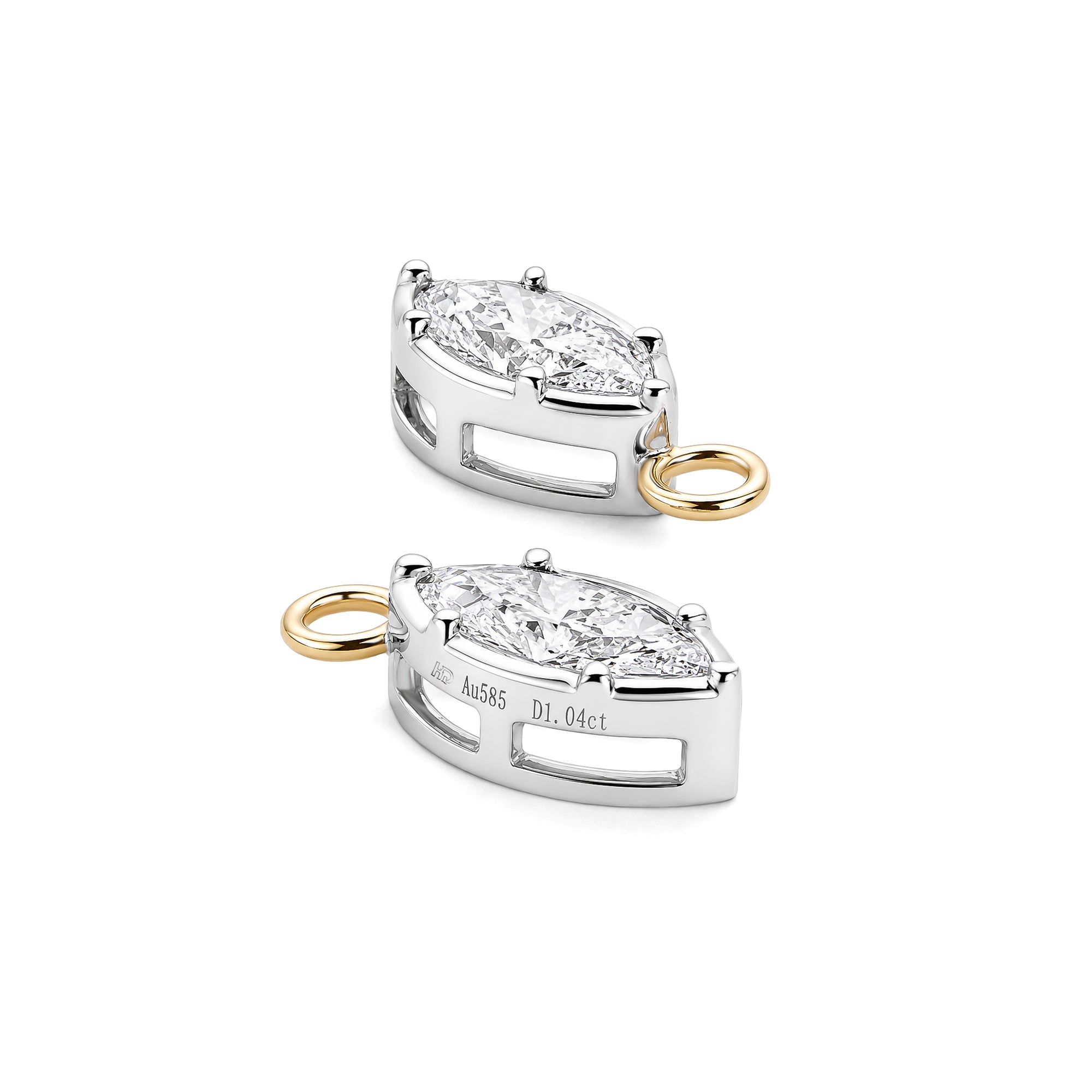 Marquise Cut Lab Grown Diamond 8-Prong Earring Charms, White Gold Setting with Yellow Gold Jump Ring