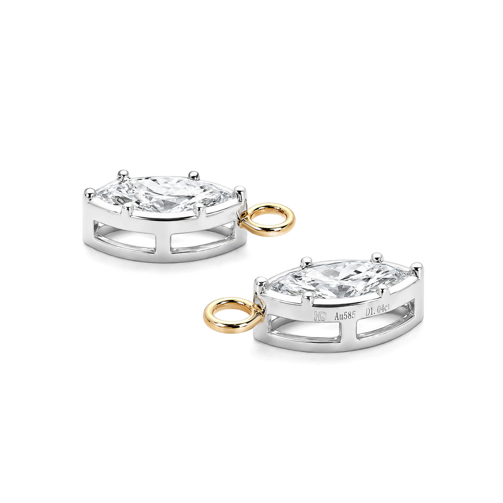 Marquise Cut Lab Grown Diamond 8-Prong Earring Charms, White Gold Setting with Yellow Gold Jump Ring
