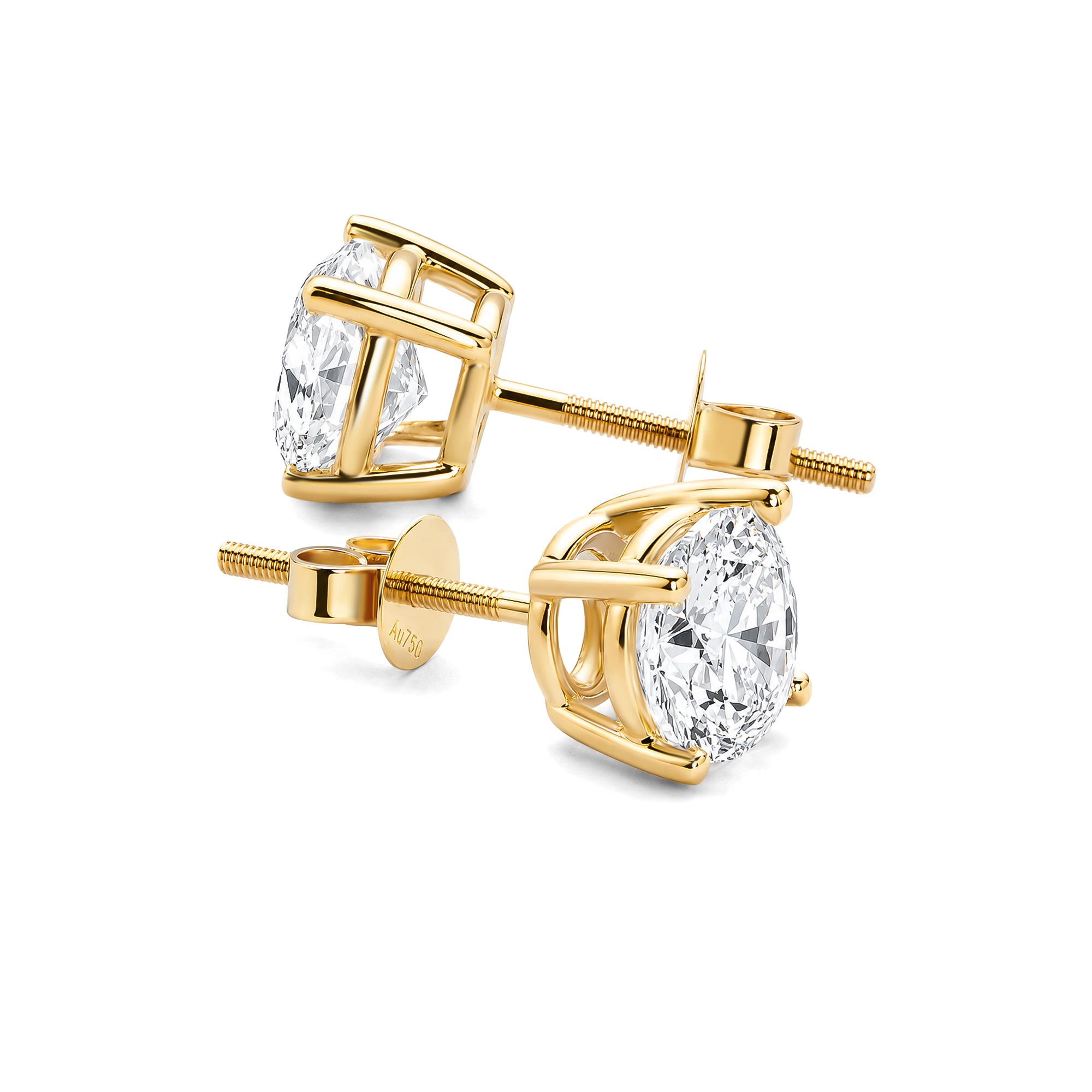 Round  Cut Lab Grown Diamond 4 Prong Stud Earrings, Solid 14K Yellow Gold Screw Back Earrings