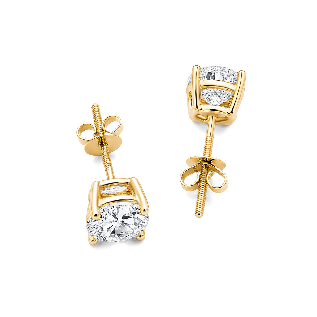 Round  Cut Lab Grown Diamond 4 Prong Stud Earrings, Solid 14K Yellow Gold Screw Back Earrings