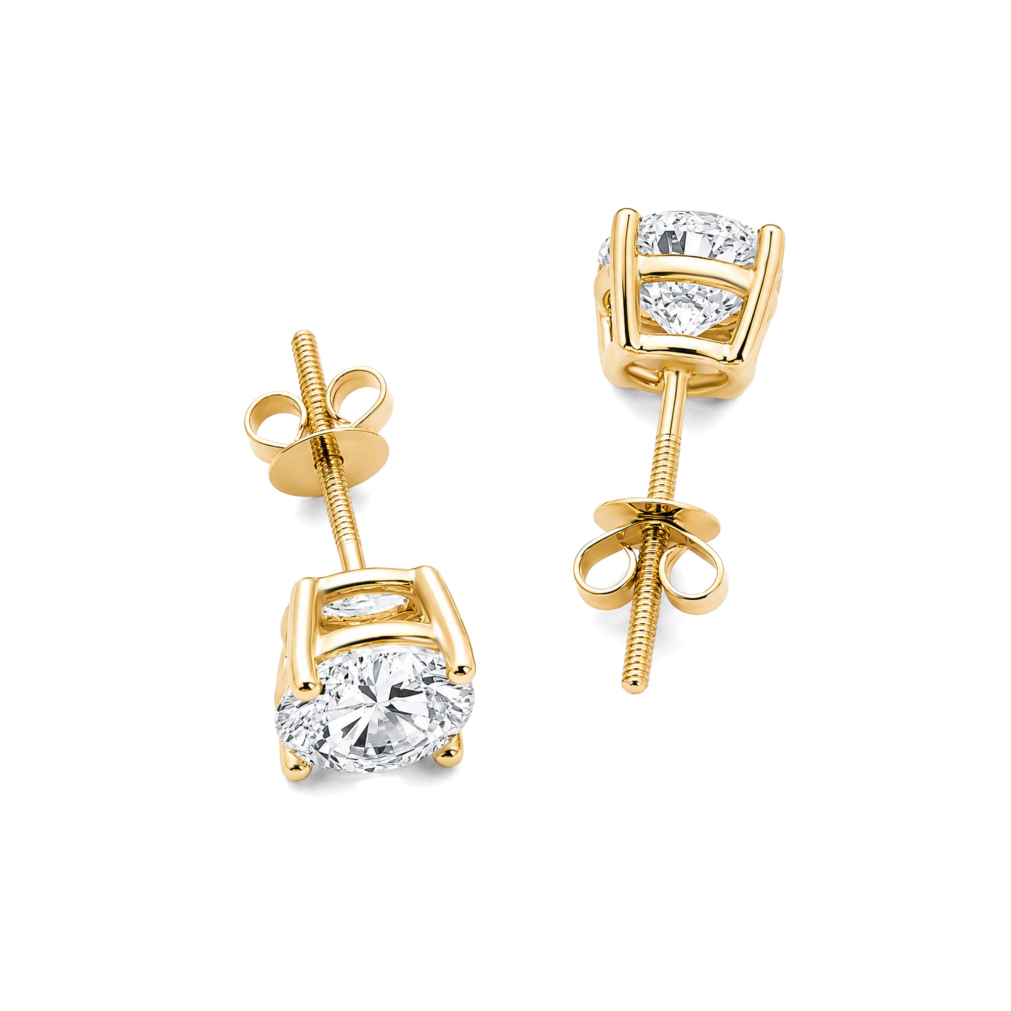 Round  Cut Lab Grown Diamond 4 Prong Stud Earrings, Solid 14K Yellow Gold Screw Back Earrings