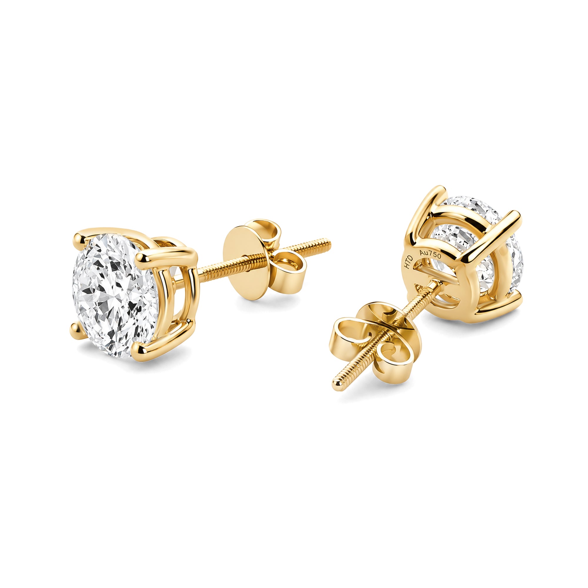 Round  Cut Lab Grown Diamond 4 Prong Stud Earrings, Solid 14K Yellow Gold Screw Back Earrings