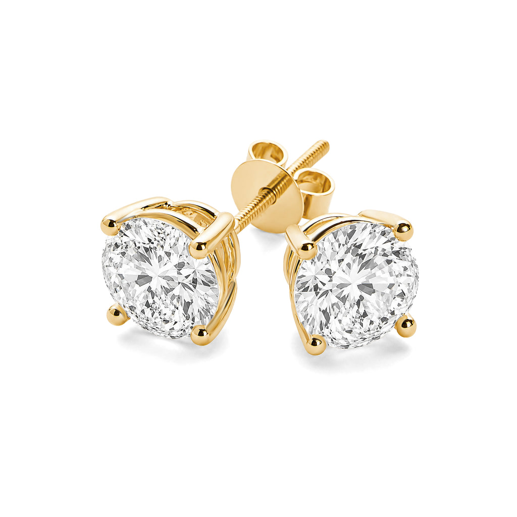 Round  Cut Lab Grown Diamond 4 Prong Stud Earrings, Solid 14K Yellow Gold Screw Back Earrings