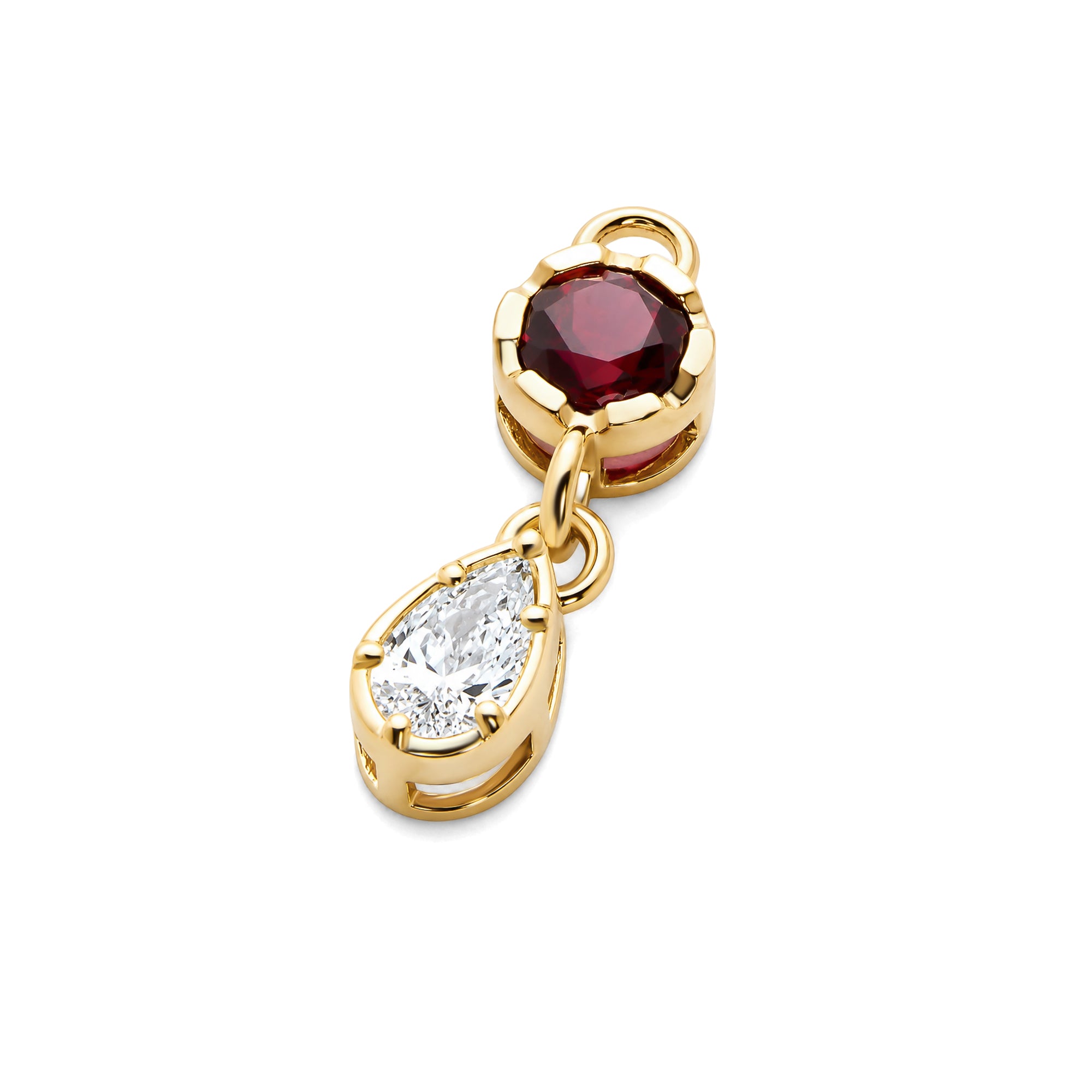 Round Ruby & Pear Shaped Lab Grown Diamond Drop Earring Charm, Solid 14K Yellow Gold Detachable Earring Component