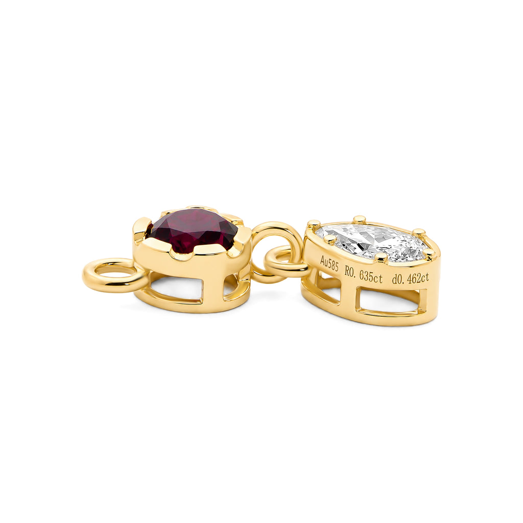 Round Ruby & Pear Shaped Lab Grown Diamond Drop Earring Charm, Solid 14K Yellow Gold Detachable Earring Component