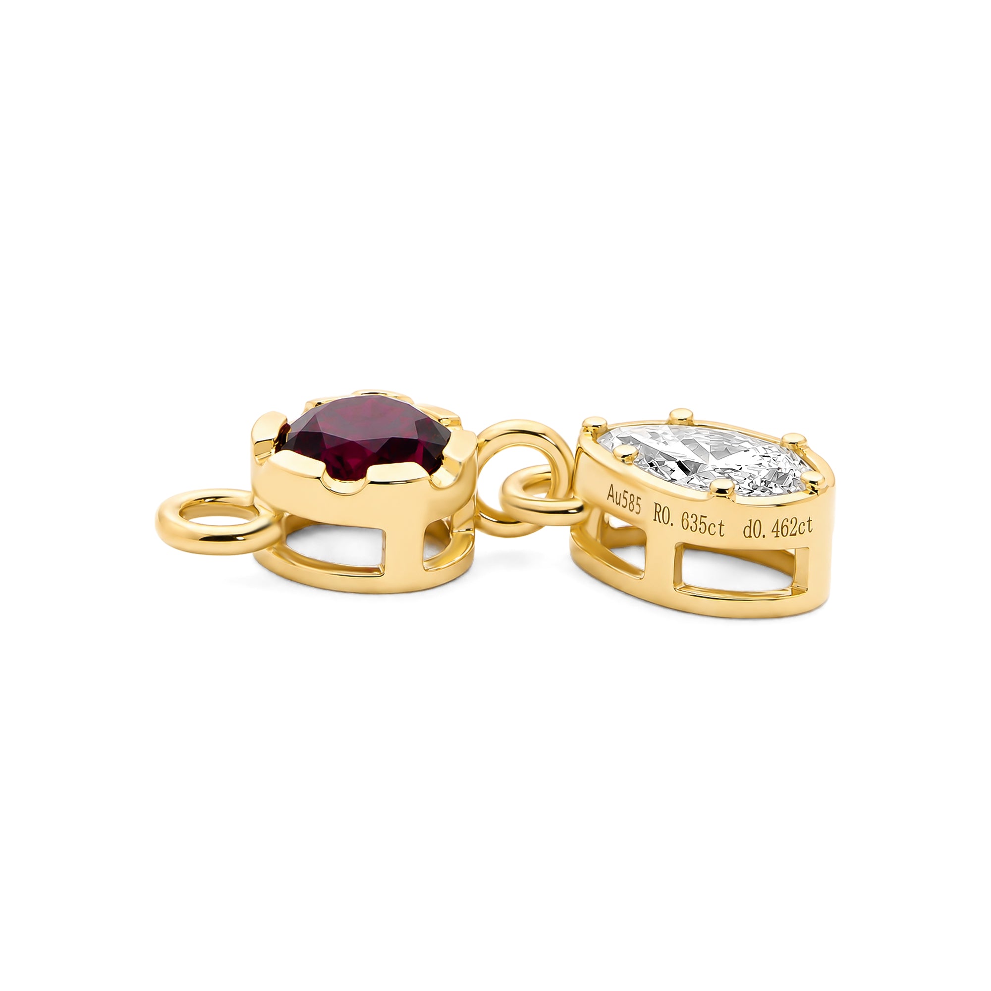 Round Ruby & Pear Shaped Lab Grown Diamond Drop Earring Charm, Solid 14K Yellow Gold Detachable Earring Component