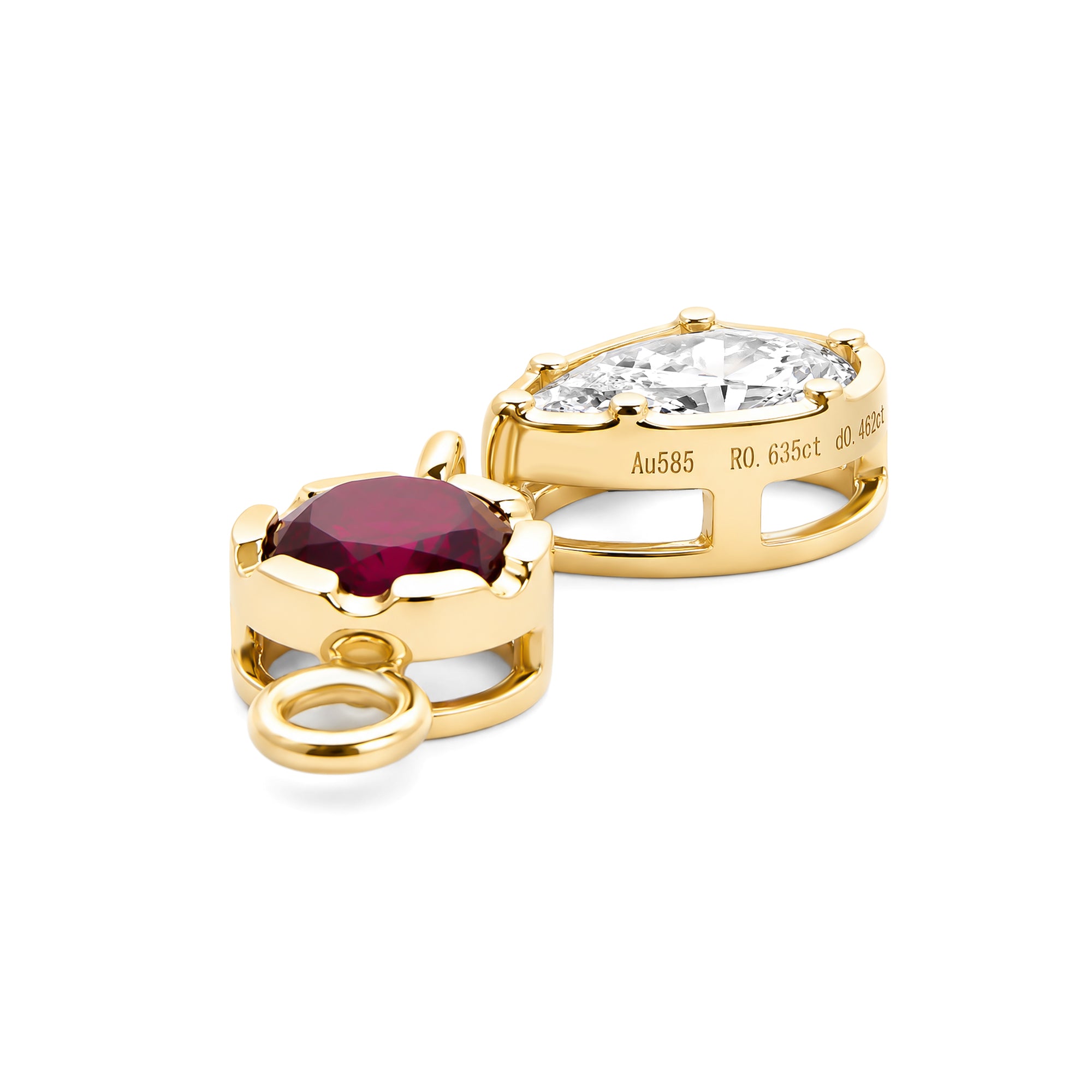Round Ruby & Pear Shaped Lab Grown Diamond Drop Earring Charm, Solid 14K Yellow Gold Detachable Earring Component