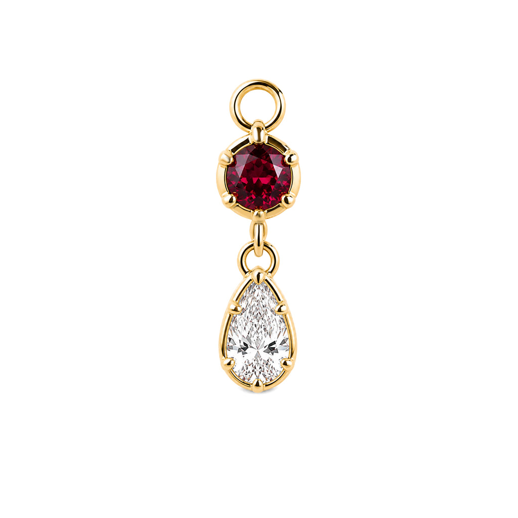 Round Ruby & Pear Shaped Lab Grown Diamond Drop Earring Charm, Solid 14K Yellow Gold Detachable Earring Component