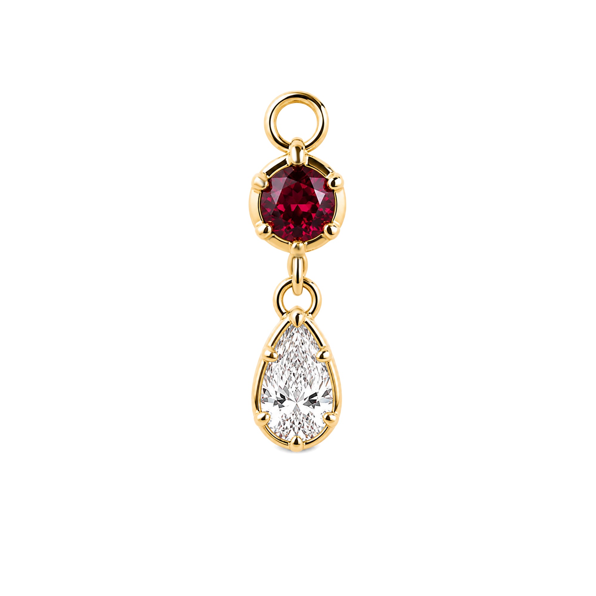 Round Ruby & Pear Shaped Lab Grown Diamond Drop Earring Charm, Solid 14K Yellow Gold Detachable Earring Component