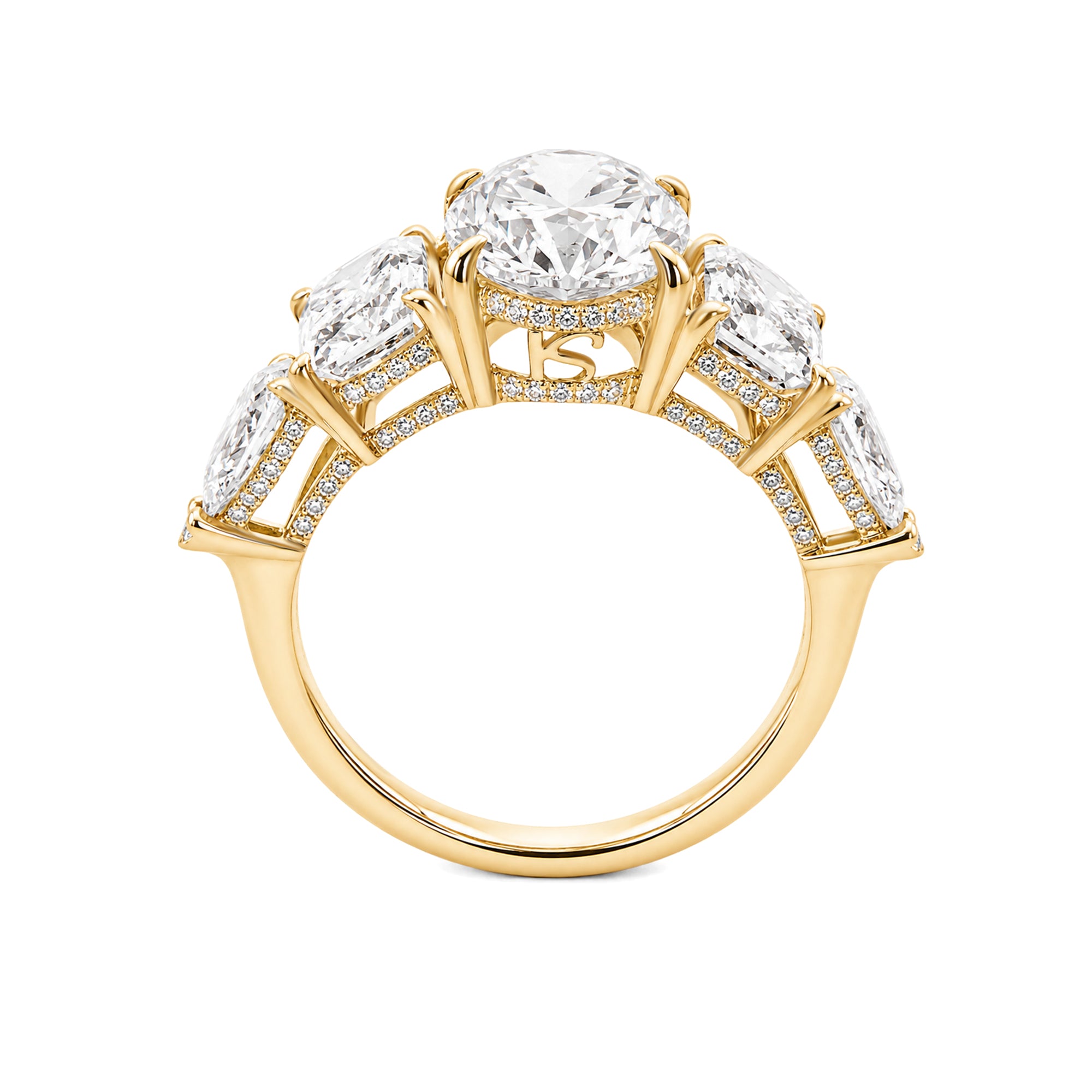 18K Yellow Gold Oval‑Cut Lab‑Grown Diamond Five‑Stone Multi‑Shape Side Stone Engagement Ring