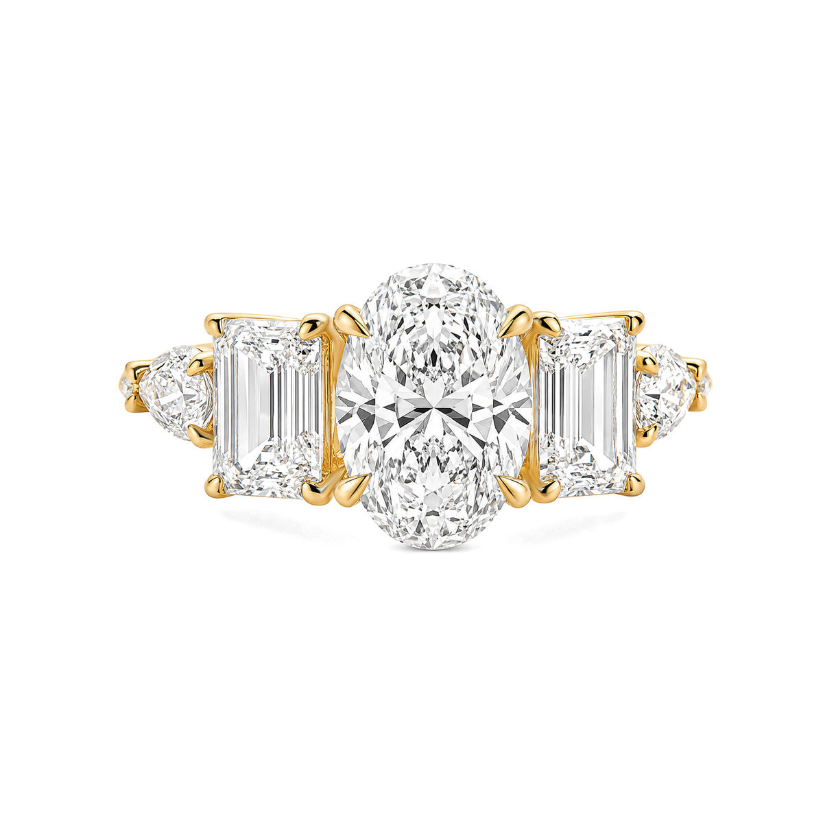 18K Yellow Gold Oval‑Cut Lab‑Grown Diamond Five‑Stone Multi‑Shape Side Stone Engagement Ring