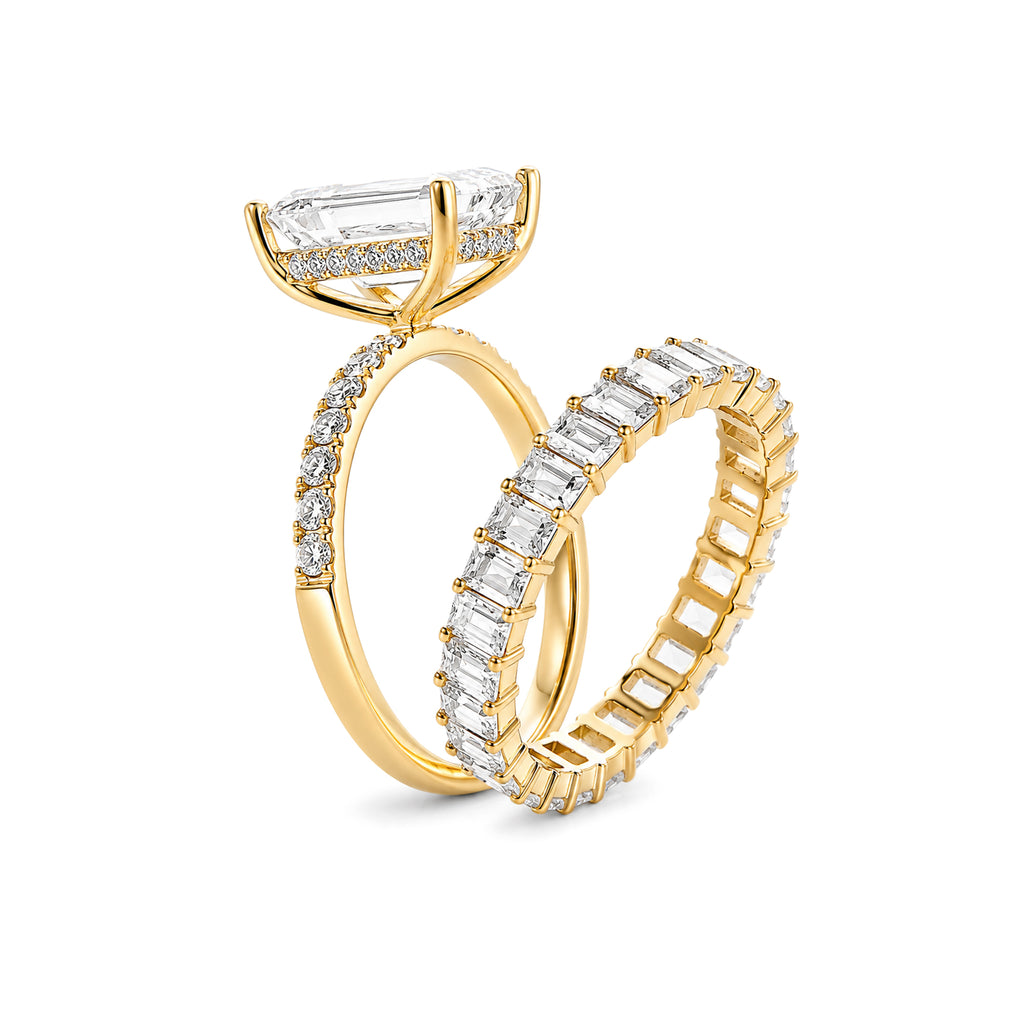 18K Yellow Gold Emerald‑Cut Lab‑Grown Diamond Bridal Set, Pave Engagement Ring & Emerald‑Cut Eternity Band