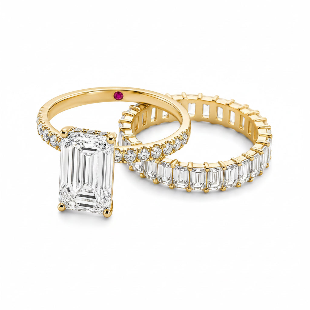 18K Yellow Gold Emerald‑Cut Lab‑Grown Diamond Bridal Set, Pave Engagement Ring & Emerald‑Cut Eternity Band