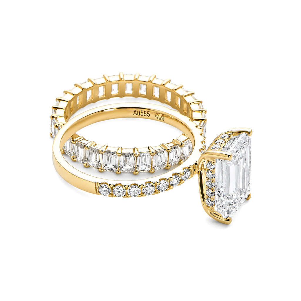 18K Yellow Gold Emerald‑Cut Lab‑Grown Diamond Bridal Set, Pave Engagement Ring & Emerald‑Cut Eternity Band