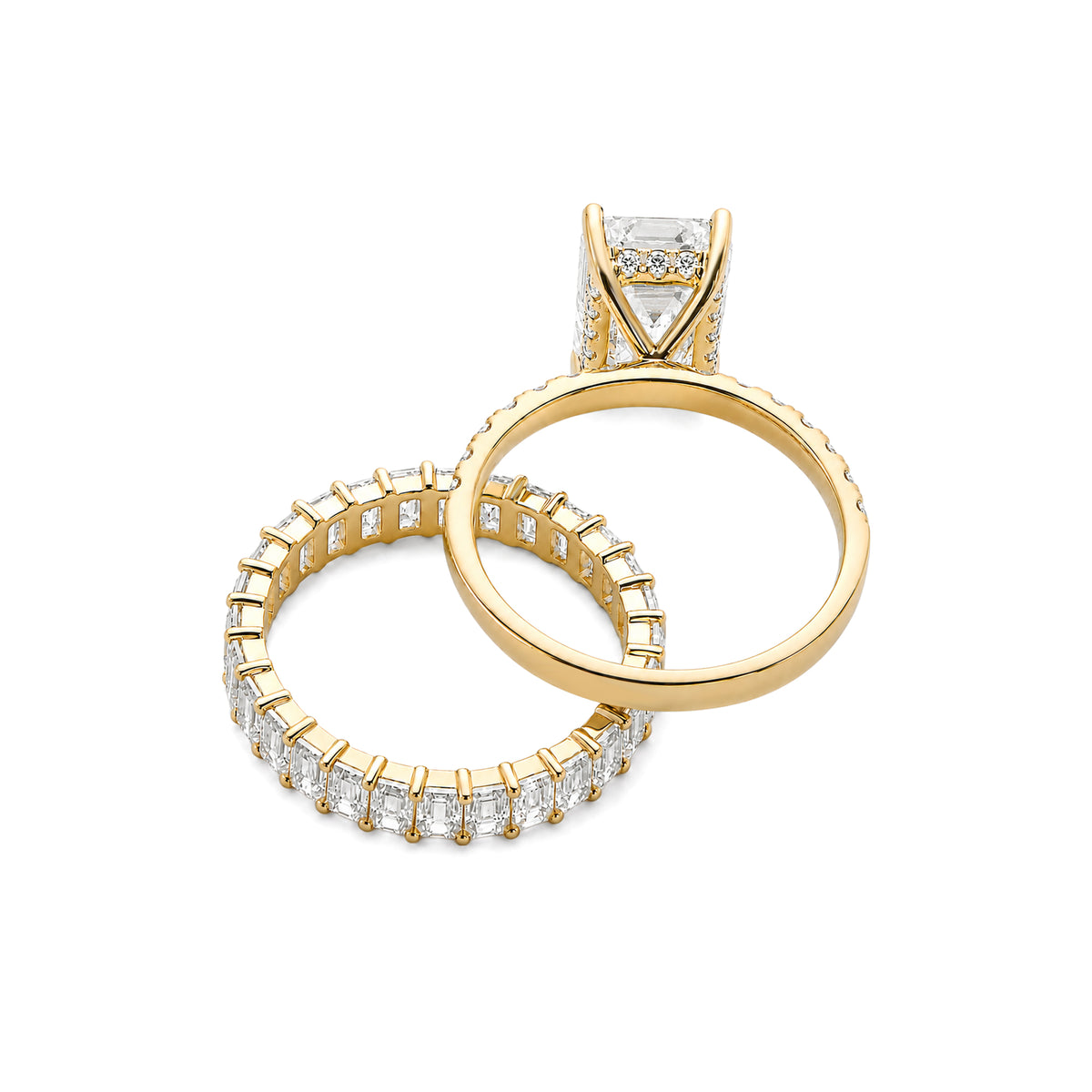 18K Yellow Gold Emerald‑Cut Lab‑Grown Diamond Bridal Set, Pave Engagement Ring & Emerald‑Cut Eternity Band