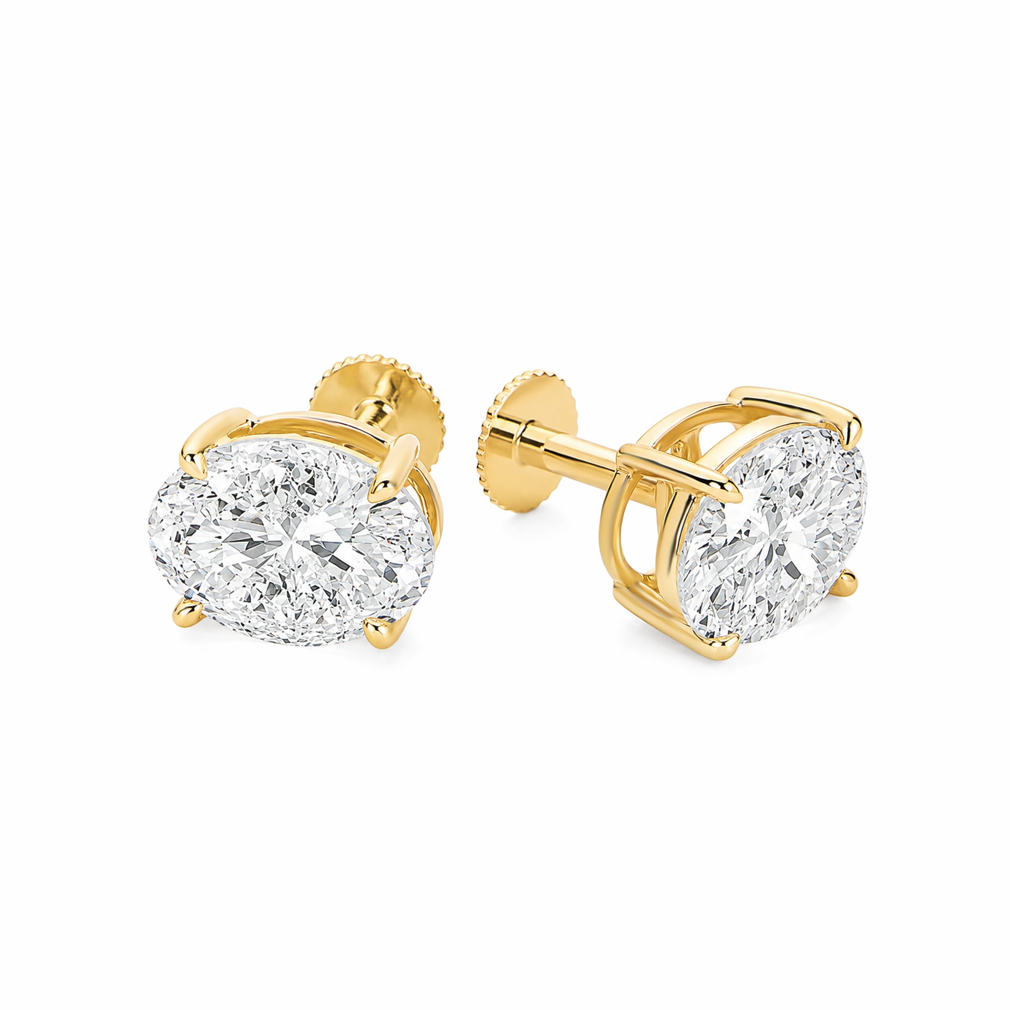 14K Yellow Gold Oval‑Cut Lab‑Grown Diamond Stud Earrings, Four‑Ball‑Prong Setting, Open Basket Setting, Flat‑Back Screw Posts