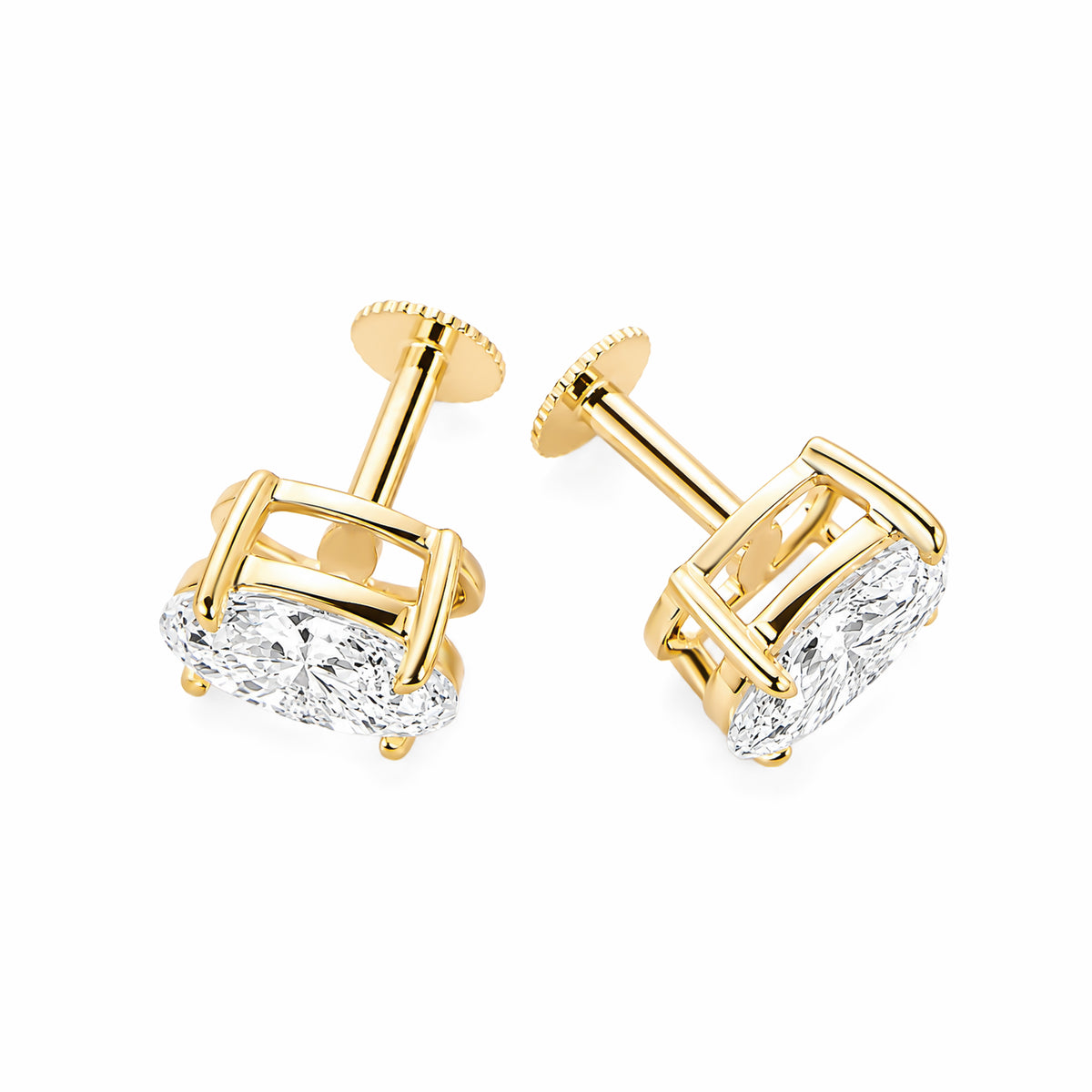 14K Yellow Gold Oval‑Cut Lab‑Grown Diamond Stud Earrings, Four‑Ball‑Prong Setting, Open Basket Setting, Flat‑Back Screw Posts