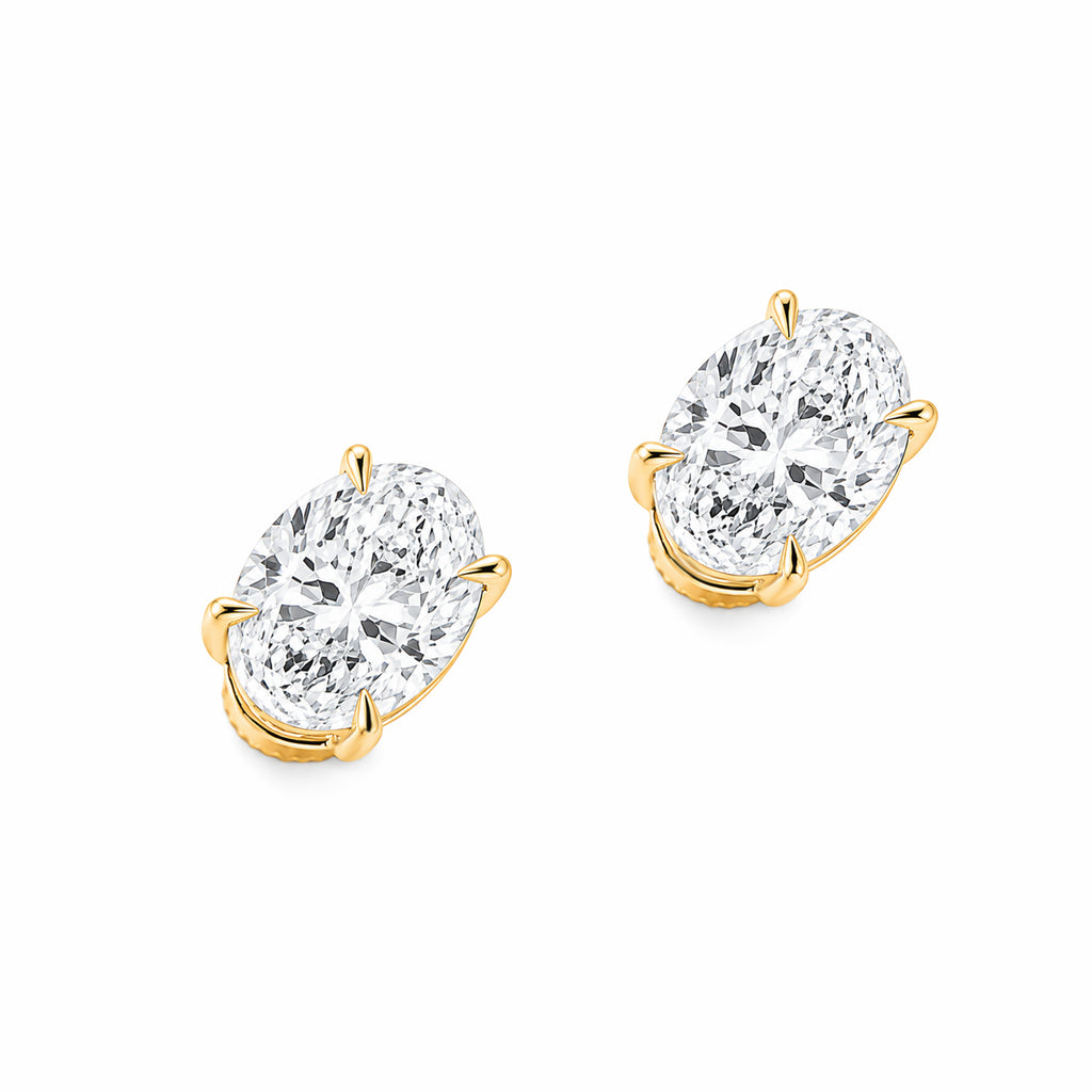 14K Yellow Gold Oval‑Cut Lab‑Grown Diamond Stud Earrings, Four‑Ball‑Prong Setting, Open Basket Setting, Flat‑Back Screw Posts