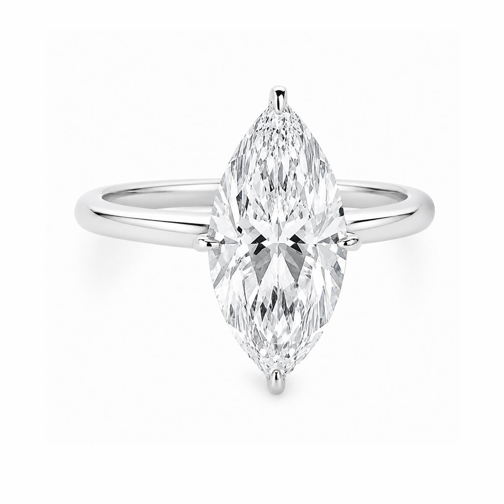14K White Gold Marquise‑Cut Lab‑Grown Diamond Solitaire Ring, Four‑Ball‑Prong Setting Slim Polished Shank