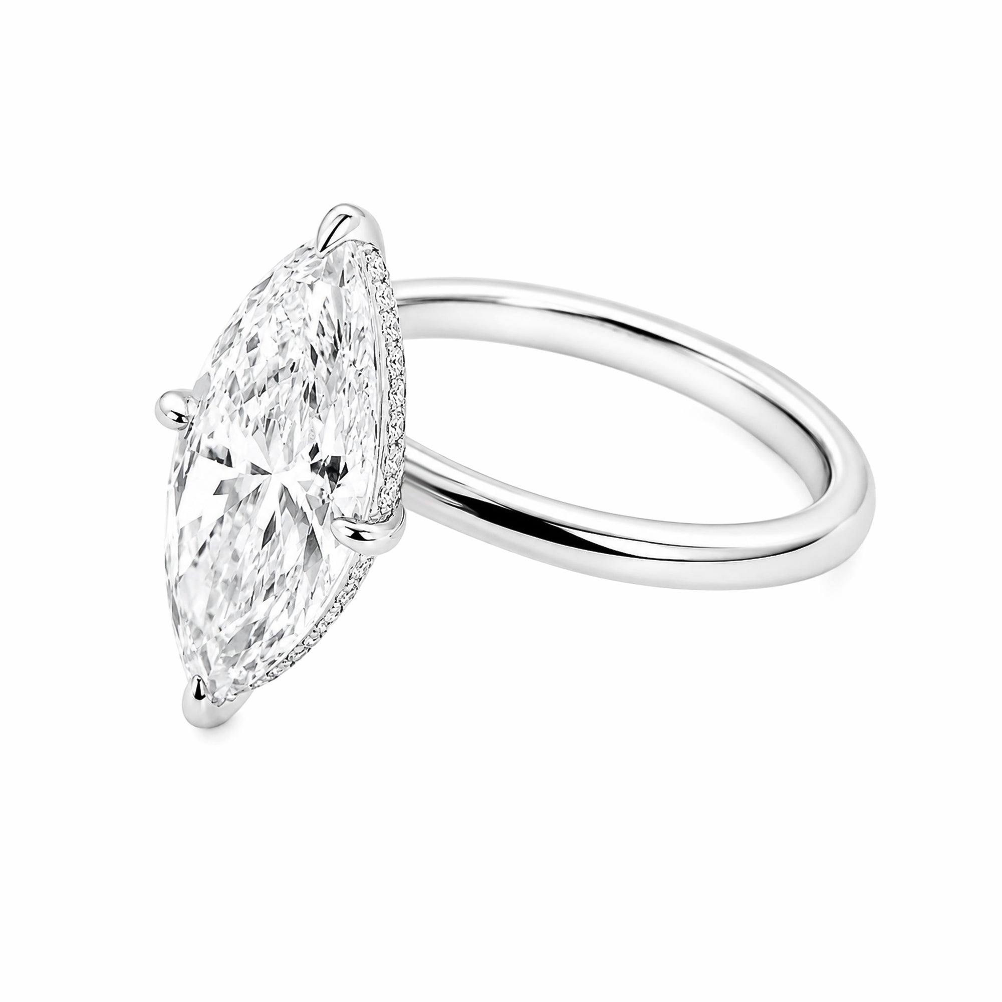 14K White Gold Marquise‑Cut Lab‑Grown Diamond Solitaire Ring, Four‑Ball‑Prong Setting Slim Polished Shank