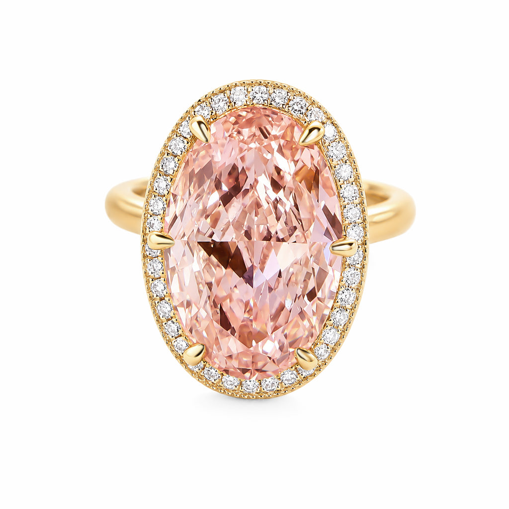 14K Yellow Gold Oval‑Cut Pink Lab‑Grown Diamond Halo Engagement Ring, Milgrain‑Detailed Pavé Halo with Plain Shank