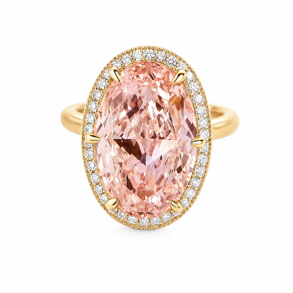 14K Yellow Gold Oval‑Cut Pink Lab‑Grown Diamond Halo Engagement Ring, Milgrain‑Detailed Pavé Halo with Plain Shank