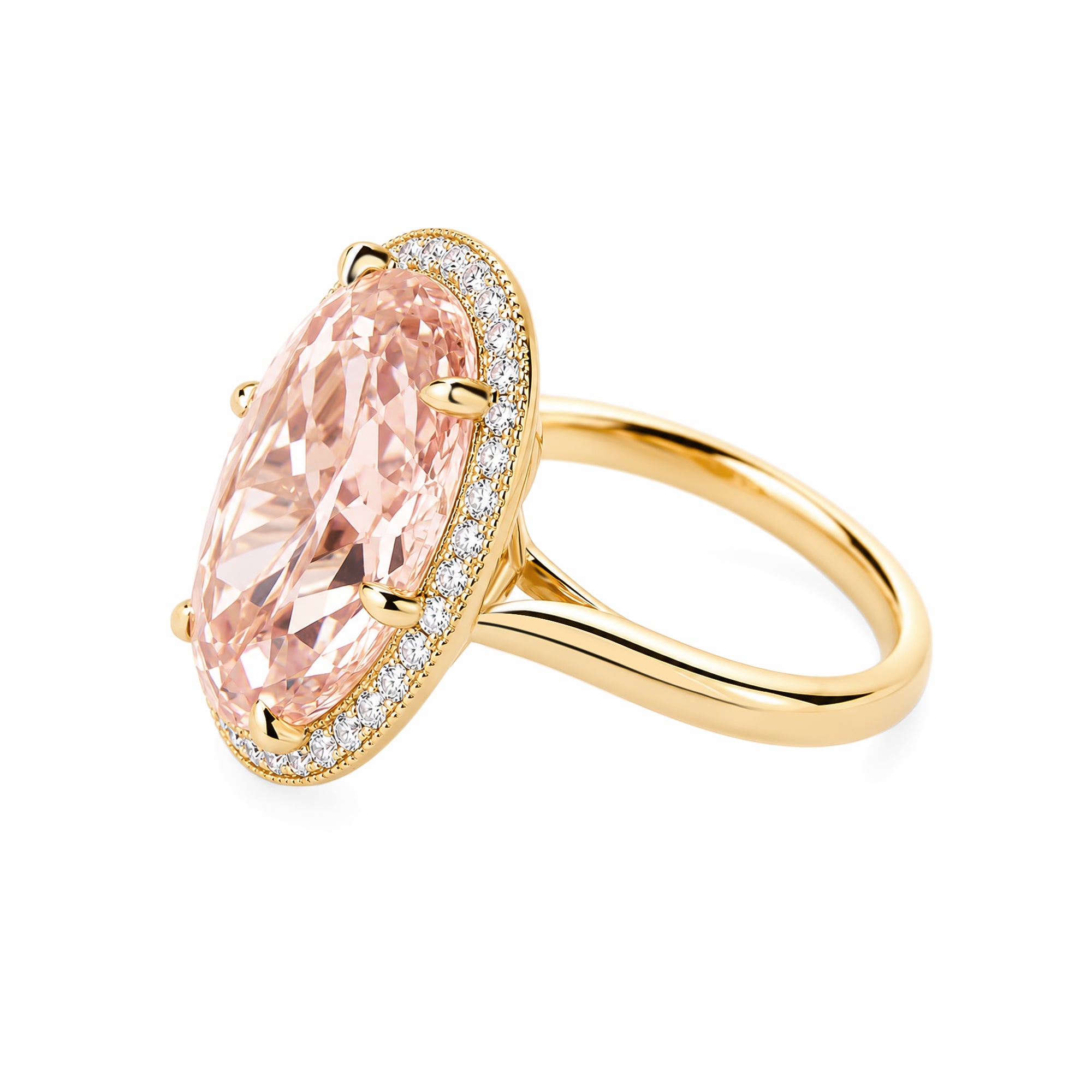 14K Yellow Gold Oval‑Cut Pink Lab‑Grown Diamond Halo Engagement Ring, Milgrain‑Detailed Pavé Halo with Plain Shank