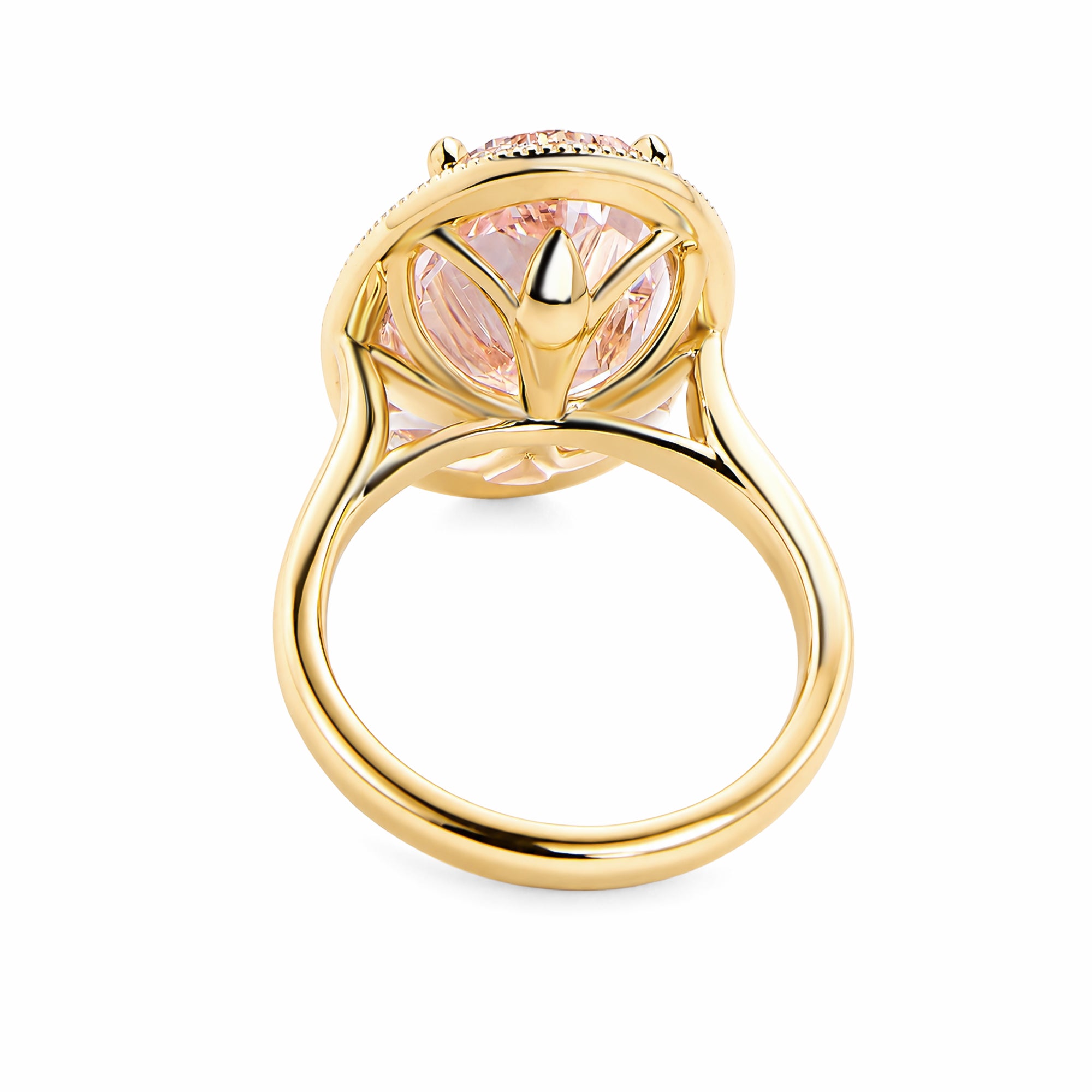 14K Yellow Gold Oval‑Cut Pink Lab‑Grown Diamond Halo Engagement Ring, Milgrain‑Detailed Pavé Halo with Plain Shank