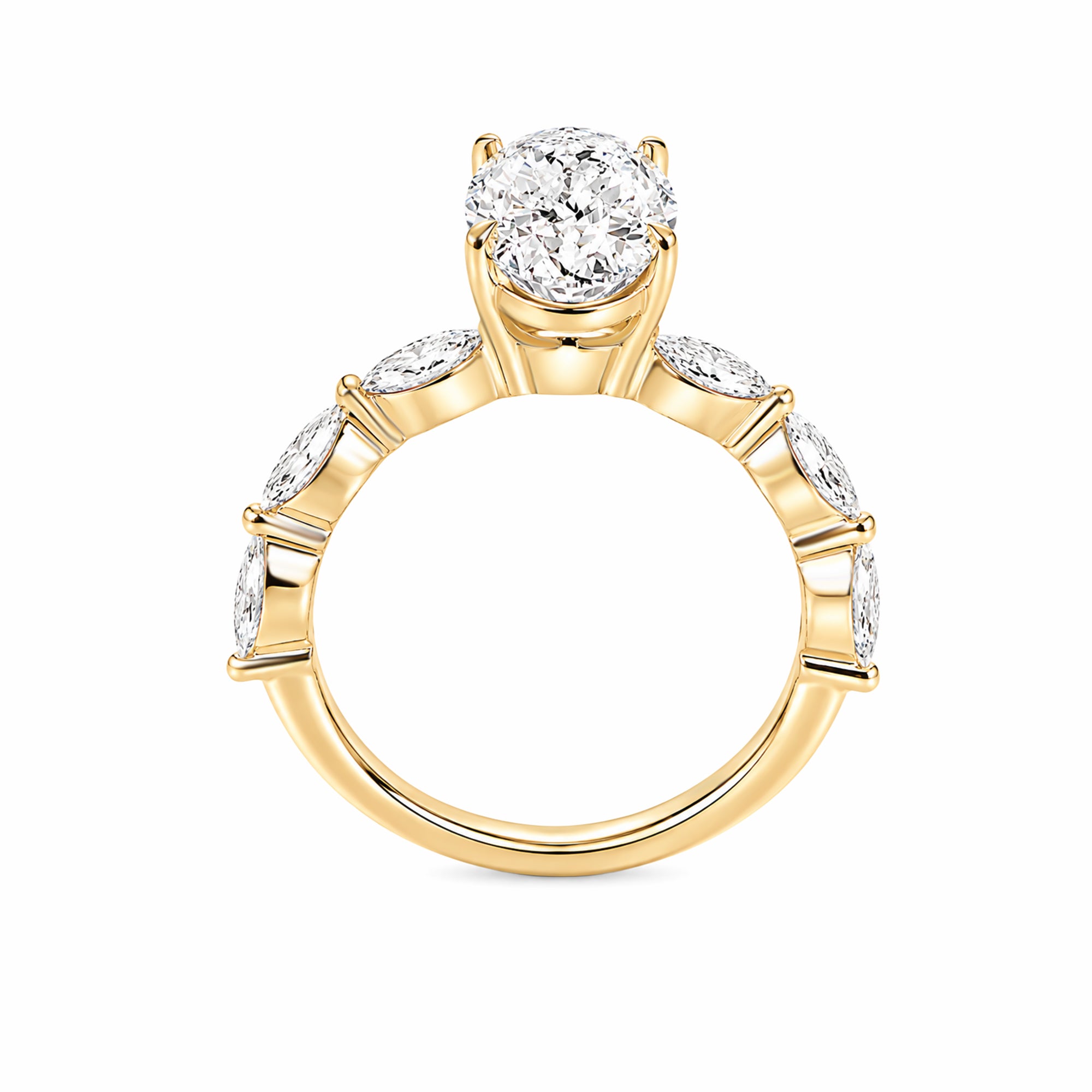 14K Yellow Gold Oval‑Cut Lab‑Grown Diamond Engagement Ring with Marquise‑Cut Side Stones