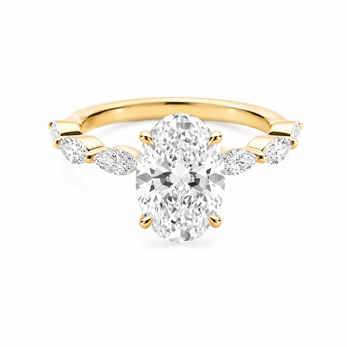 14K Yellow Gold Oval‑Cut Lab‑Grown Diamond Engagement Ring with Marquise‑Cut Side Stones