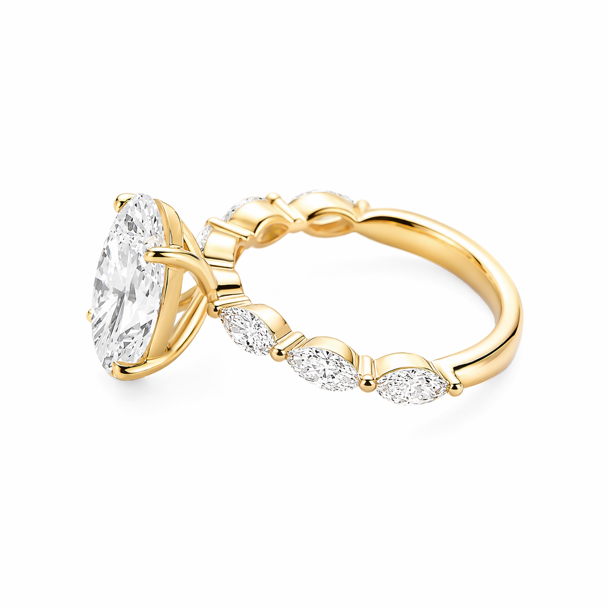 14K Yellow Gold Oval‑Cut Lab‑Grown Diamond Engagement Ring with Marquise‑Cut Side Stones