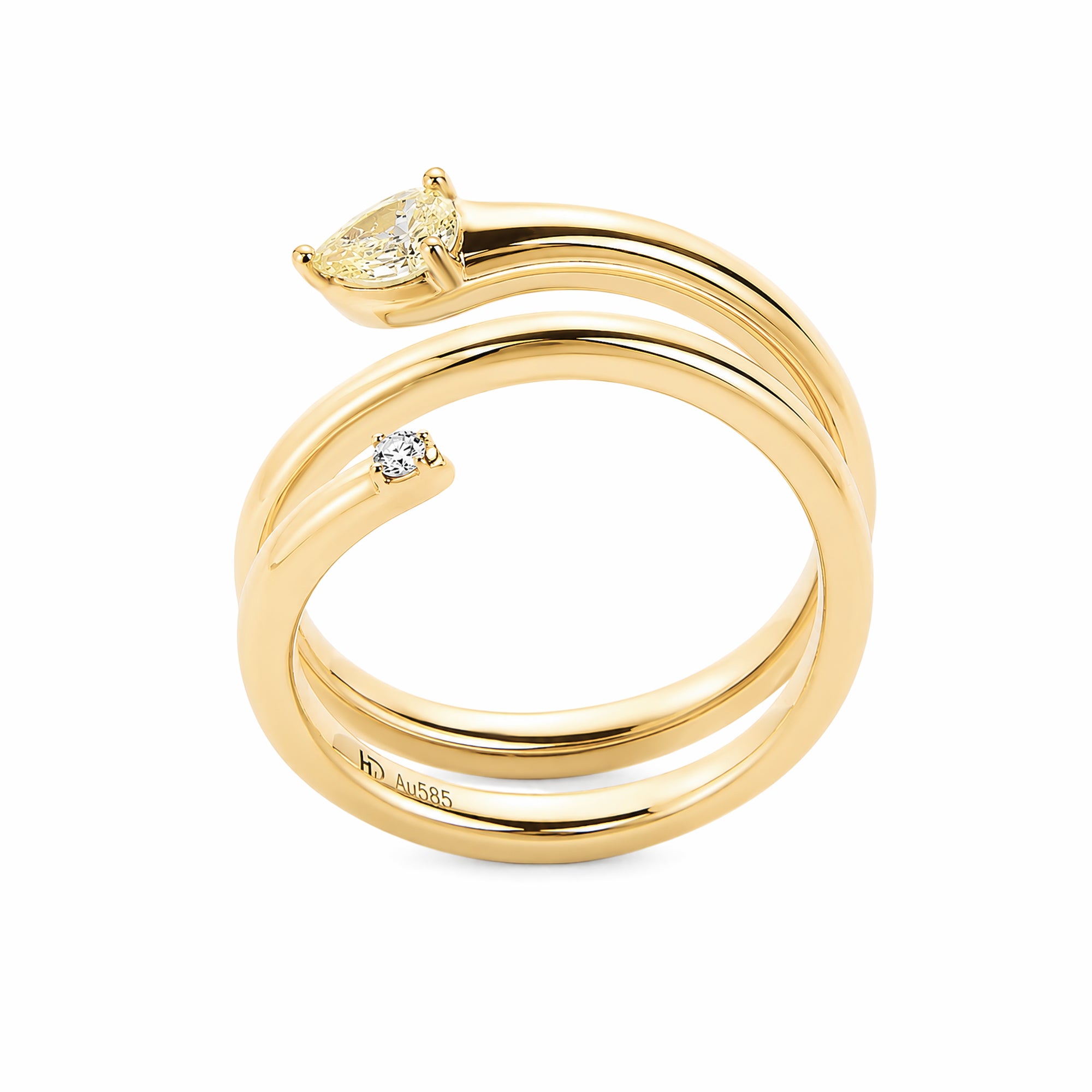 14K Yellow Gold Bypass Coiled Spiral Ring, Pear‑Cut Yellow Lab‑Grown Diamond & Round White Diamond Two‑Stone Ring