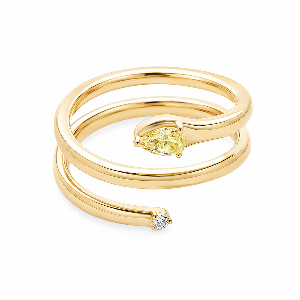 14K Yellow Gold Bypass Coiled Spiral Ring, Pear‑Cut Yellow Lab‑Grown Diamond & Round White Diamond Two‑Stone Ring