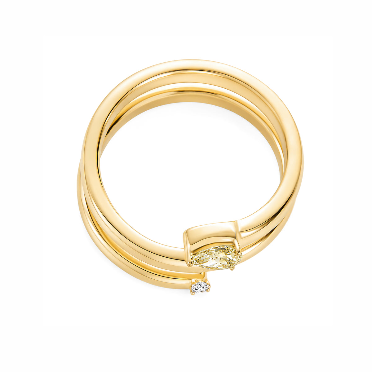 14K Yellow Gold Bypass Coiled Spiral Ring, Pear‑Cut Yellow Lab‑Grown Diamond & Round White Diamond Two‑Stone Ring