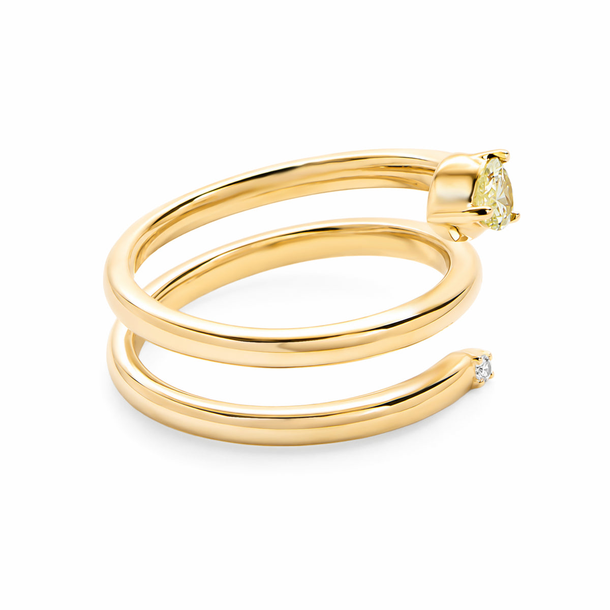 14K Yellow Gold Bypass Coiled Spiral Ring, Pear‑Cut Yellow Lab‑Grown Diamond & Round White Diamond Two‑Stone Ring