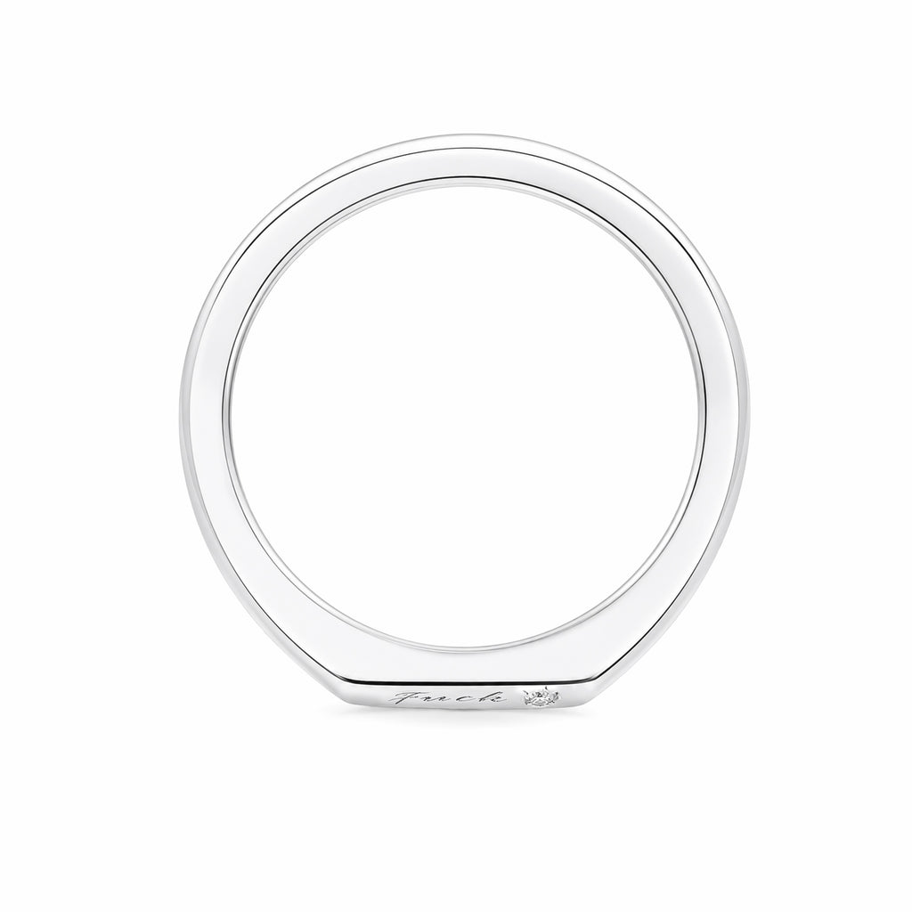 14K White Gold Signet‑Style Wedding Band, Flat Faceted Top with Engraving & Single Accent Diamond