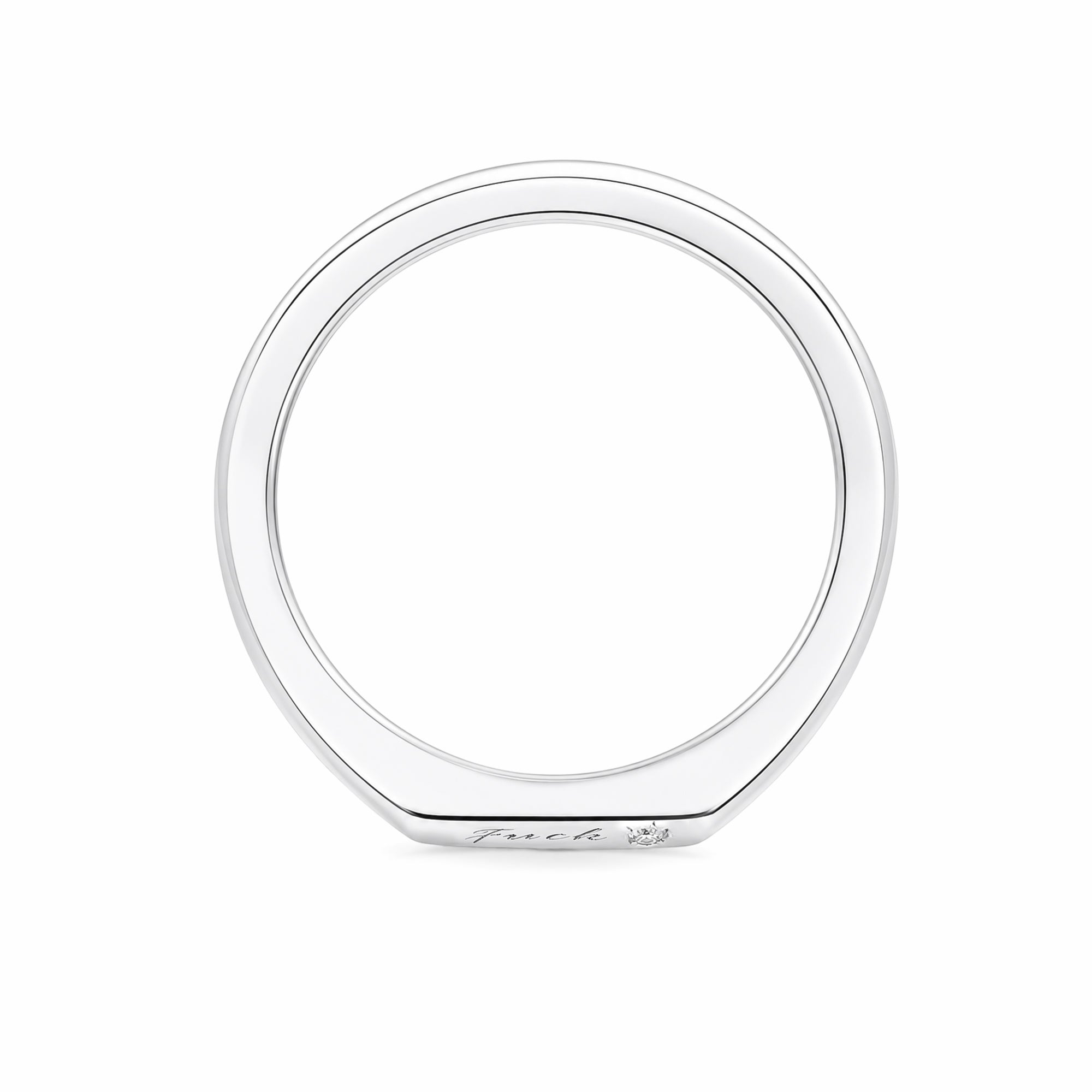 14K White Gold Signet‑Style Wedding Band, Flat Faceted Top with Engraving & Single Accent Diamond