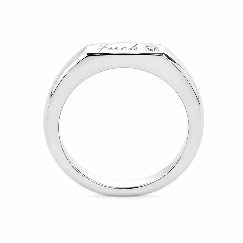14K White Gold Signet‑Style Wedding Band, Flat Faceted Top with Engraving & Single Accent Diamond